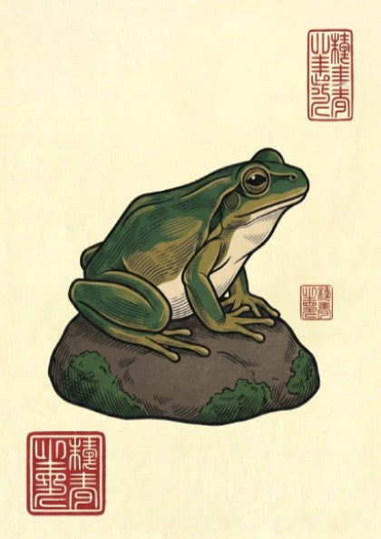 Green Frog Rock Poster featuring a frog on a mossy rock in Japanese art style