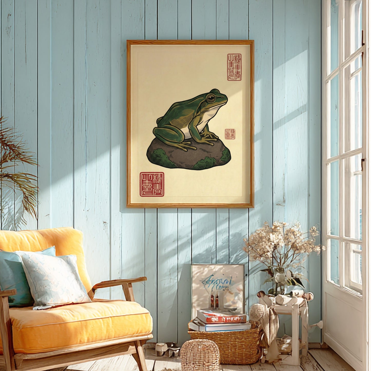 Green Frog Rock Poster featuring a frog on a mossy rock in Japanese art style