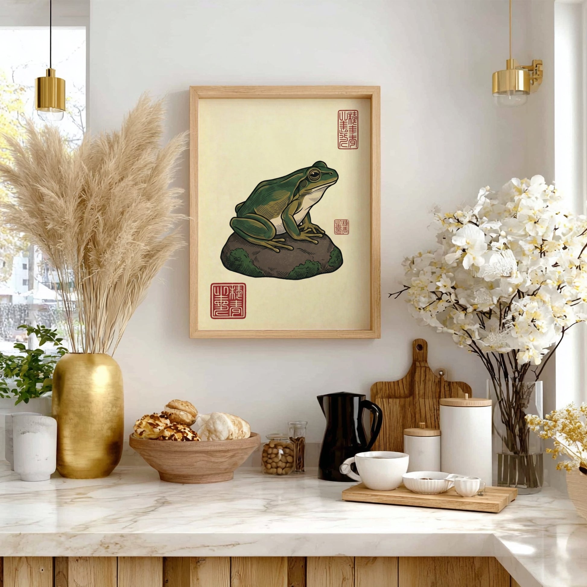 Green Frog Rock Poster featuring a frog on a mossy rock in Japanese art style