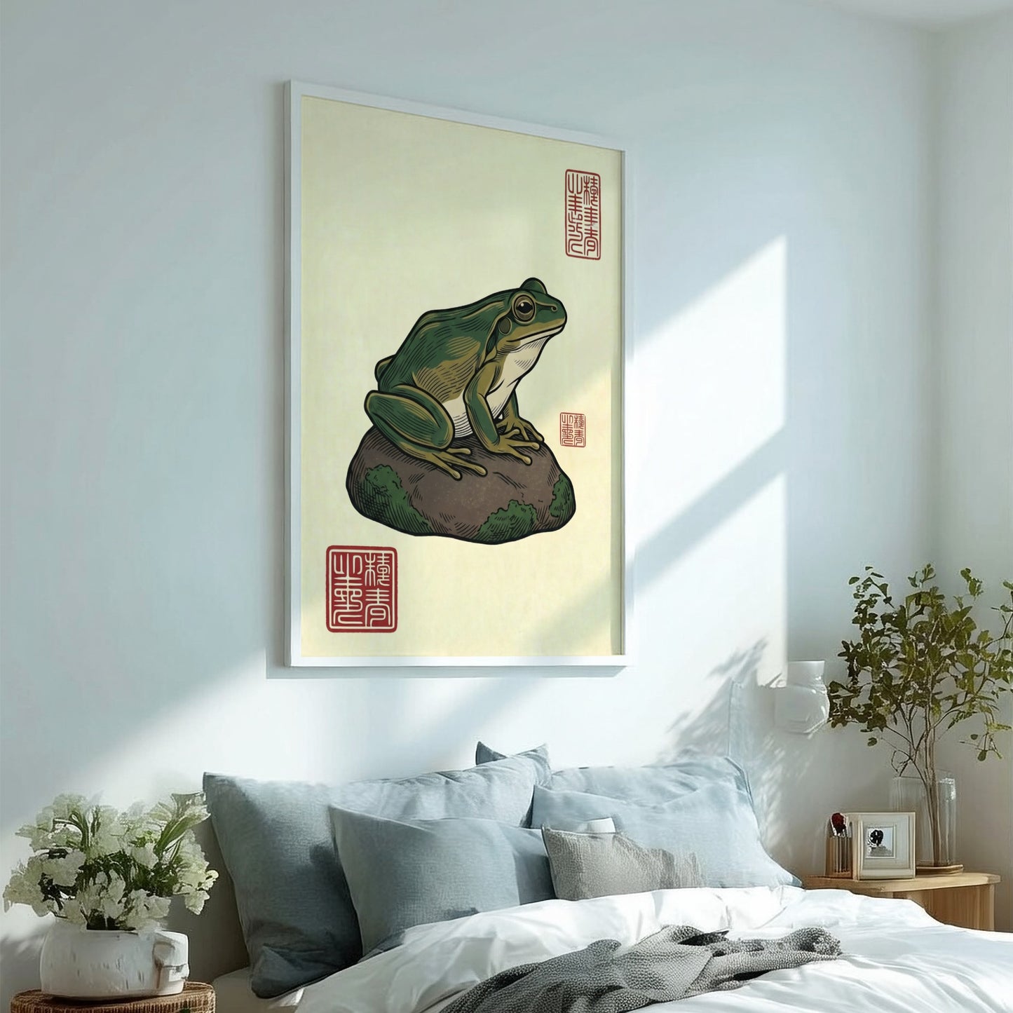 Green Frog Rock Poster featuring a frog on a mossy rock in Japanese art style