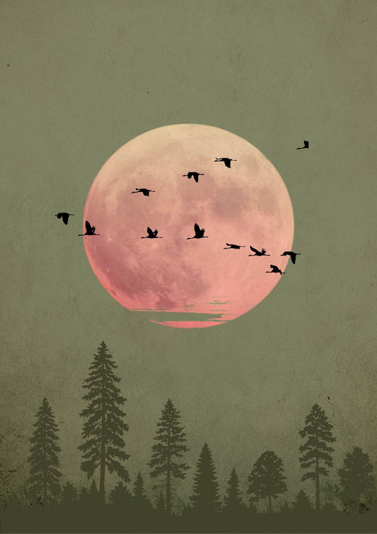 Green Moon Forest Print – Minimalist Nature Wall Art