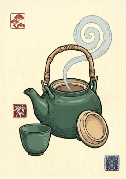 Green Tea Set Poster featuring a teapot and cup in Japanese art style with green hues and steam