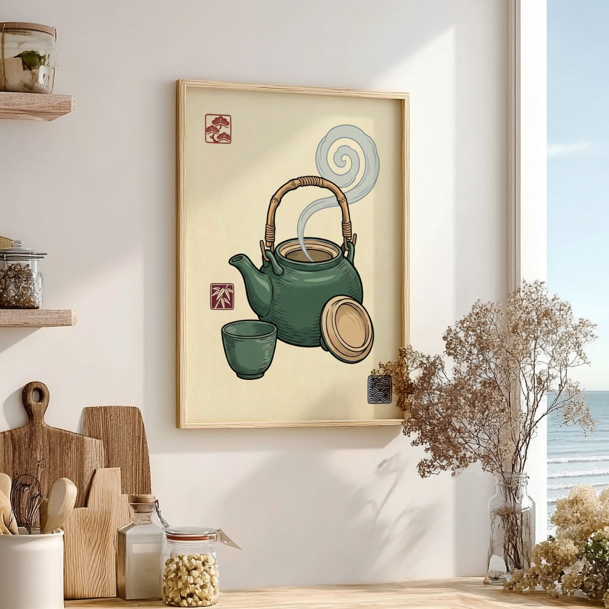 Green Tea Set Poster featuring a teapot and cup in Japanese art style with green hues and steam