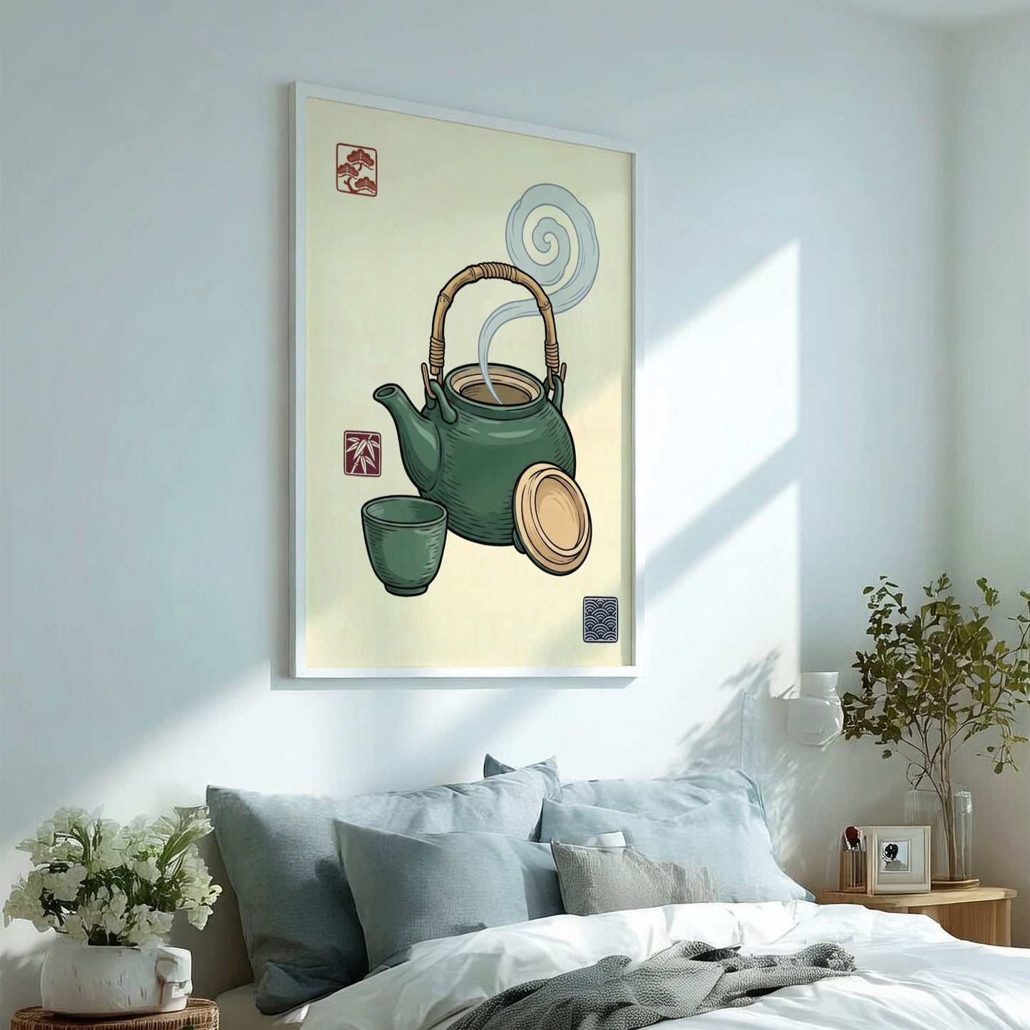 Green Tea Set Poster featuring a teapot and cup in Japanese art style with green hues and steam
