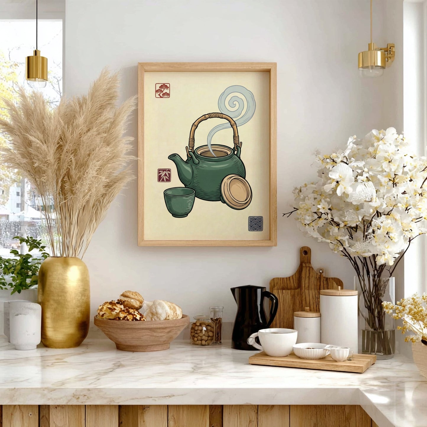 Green Tea Set Poster featuring a teapot and cup in Japanese art style with green hues and steam