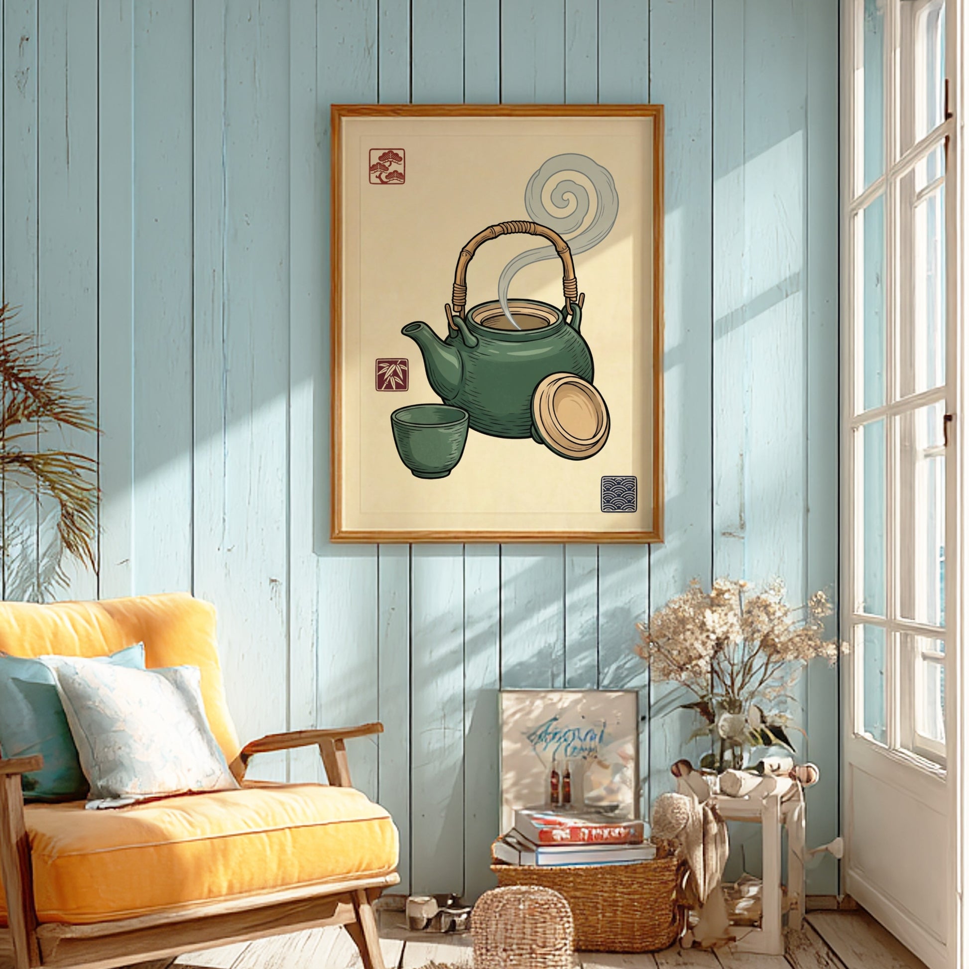 Green Tea Set Poster featuring a teapot and cup in Japanese art style with green hues and steam