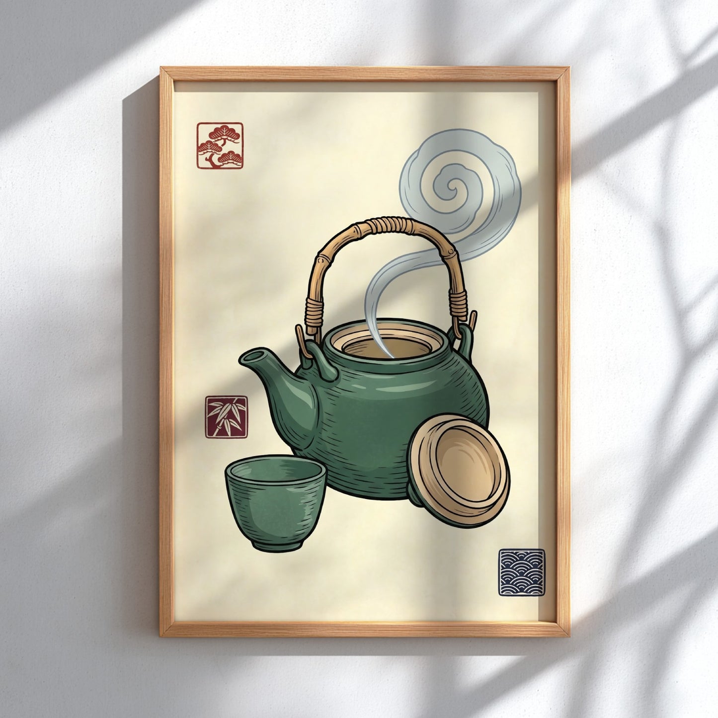 Green Tea Set Poster featuring a teapot and cup in Japanese art style with green hues and steam