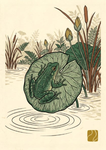 Green Tree Frog poster featuring Japanese art style with vibrant greens and serene pond elements