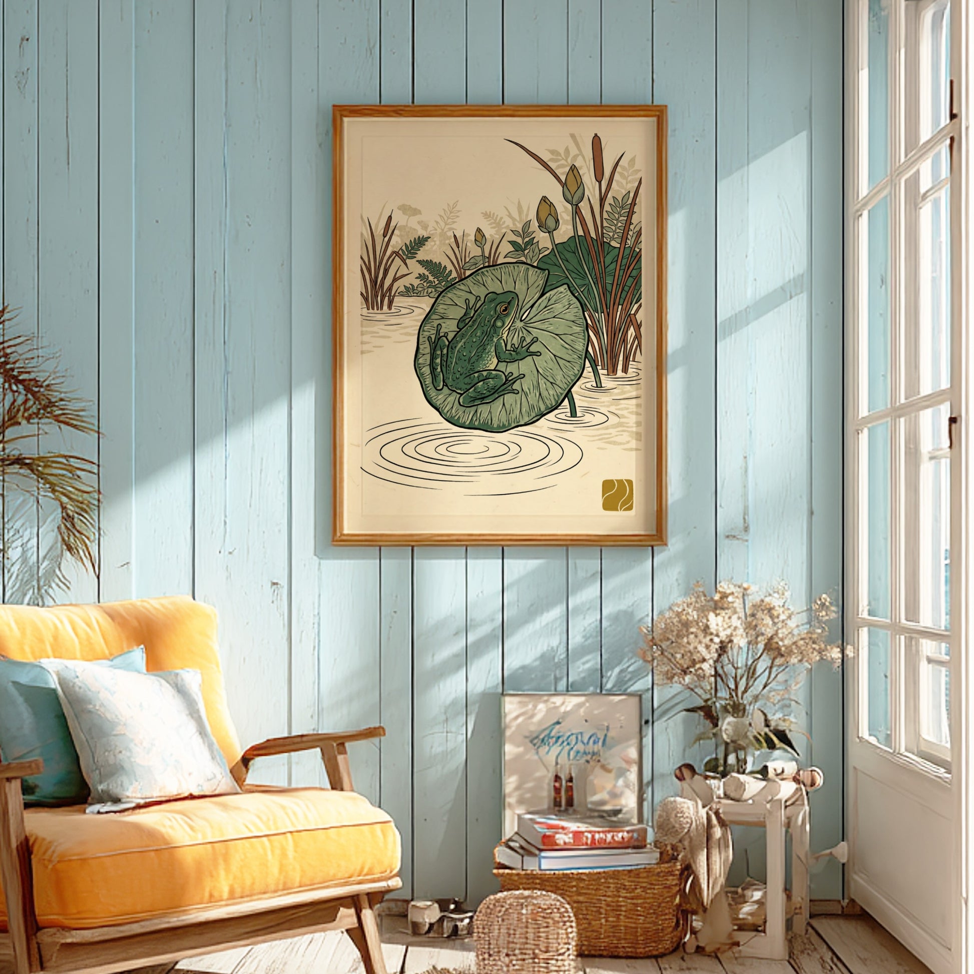 Green Tree Frog poster featuring Japanese art style with vibrant greens and serene pond elements