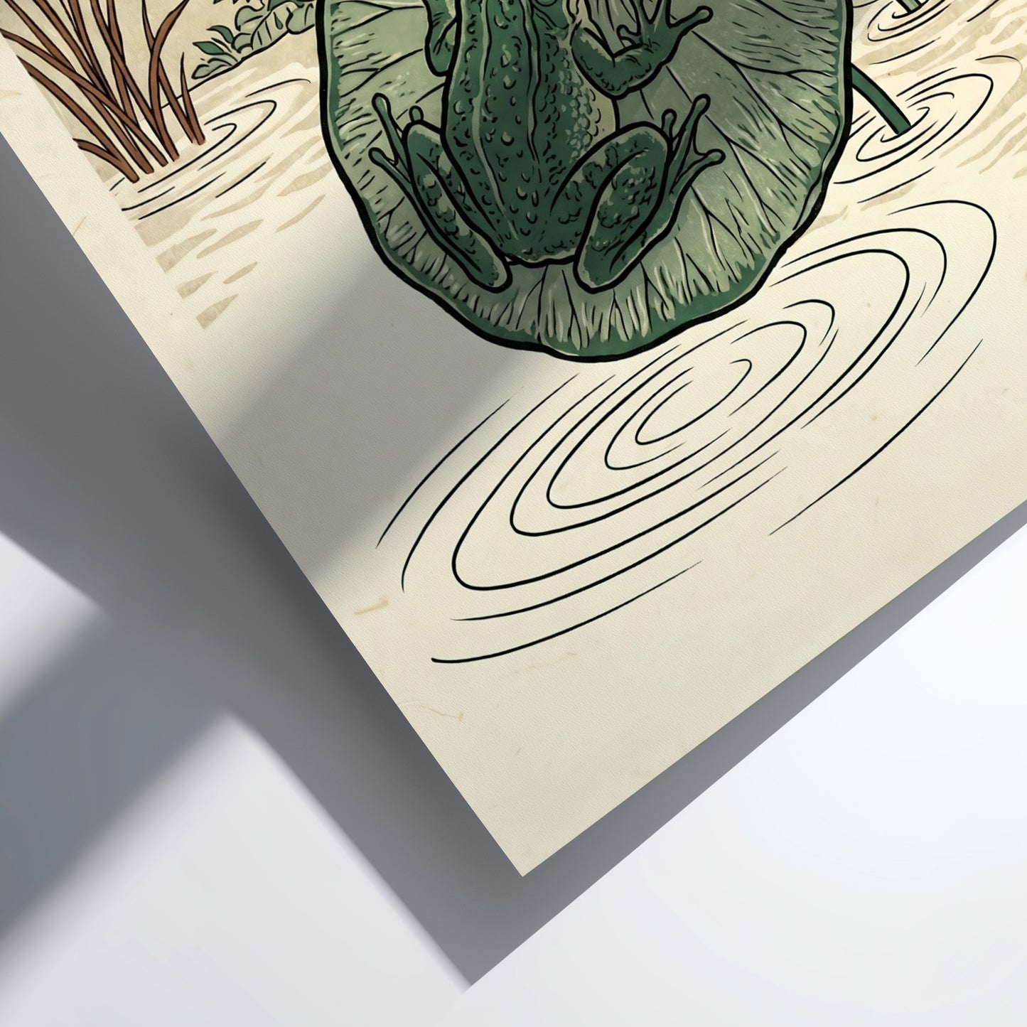 Green Tree Frog poster featuring Japanese art style with vibrant greens and serene pond elements