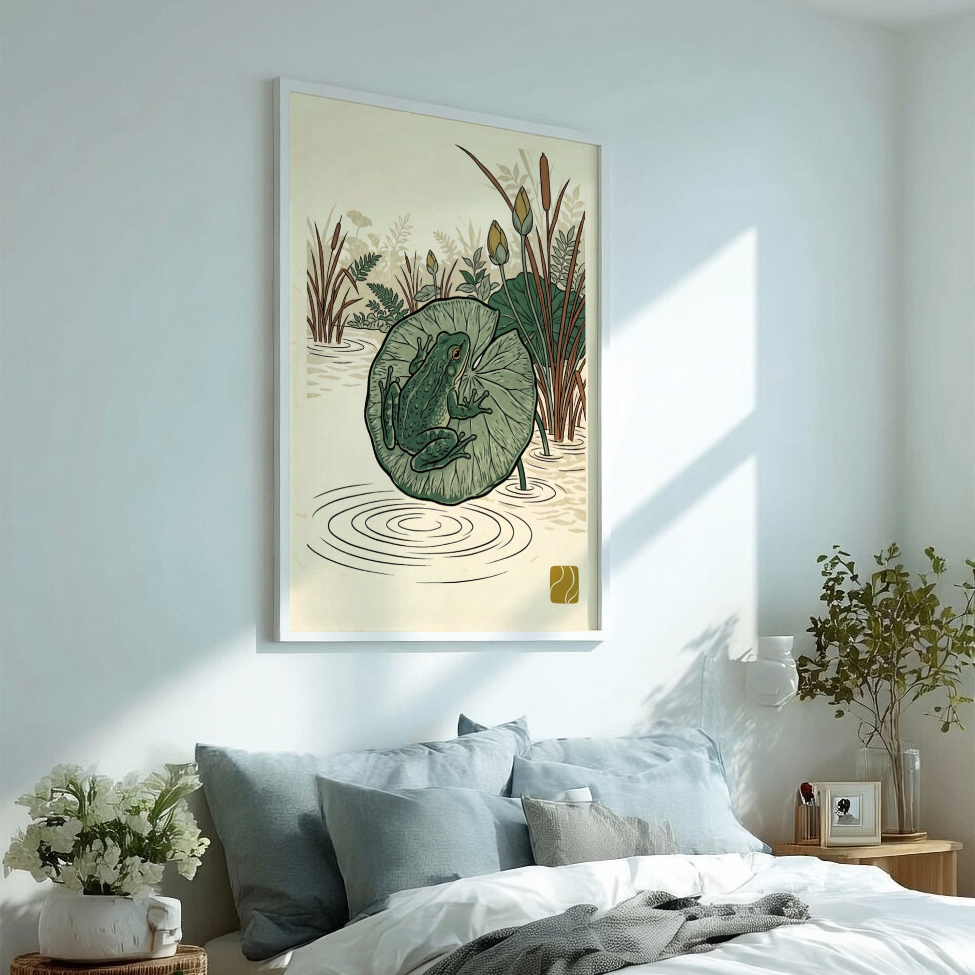 Green Tree Frog poster featuring Japanese art style with vibrant greens and serene pond elements