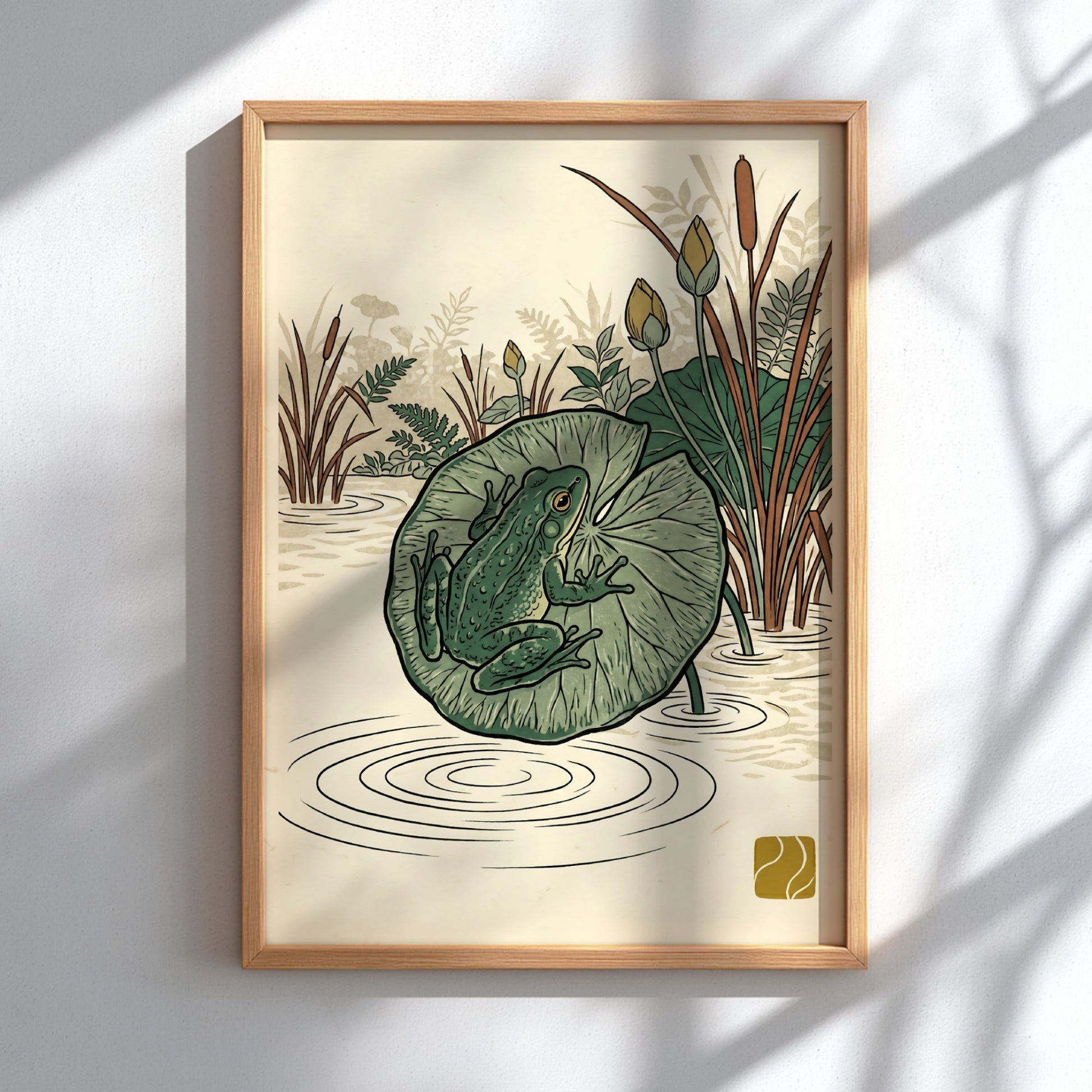 Green Tree Frog poster featuring Japanese art style with vibrant greens and serene pond elements