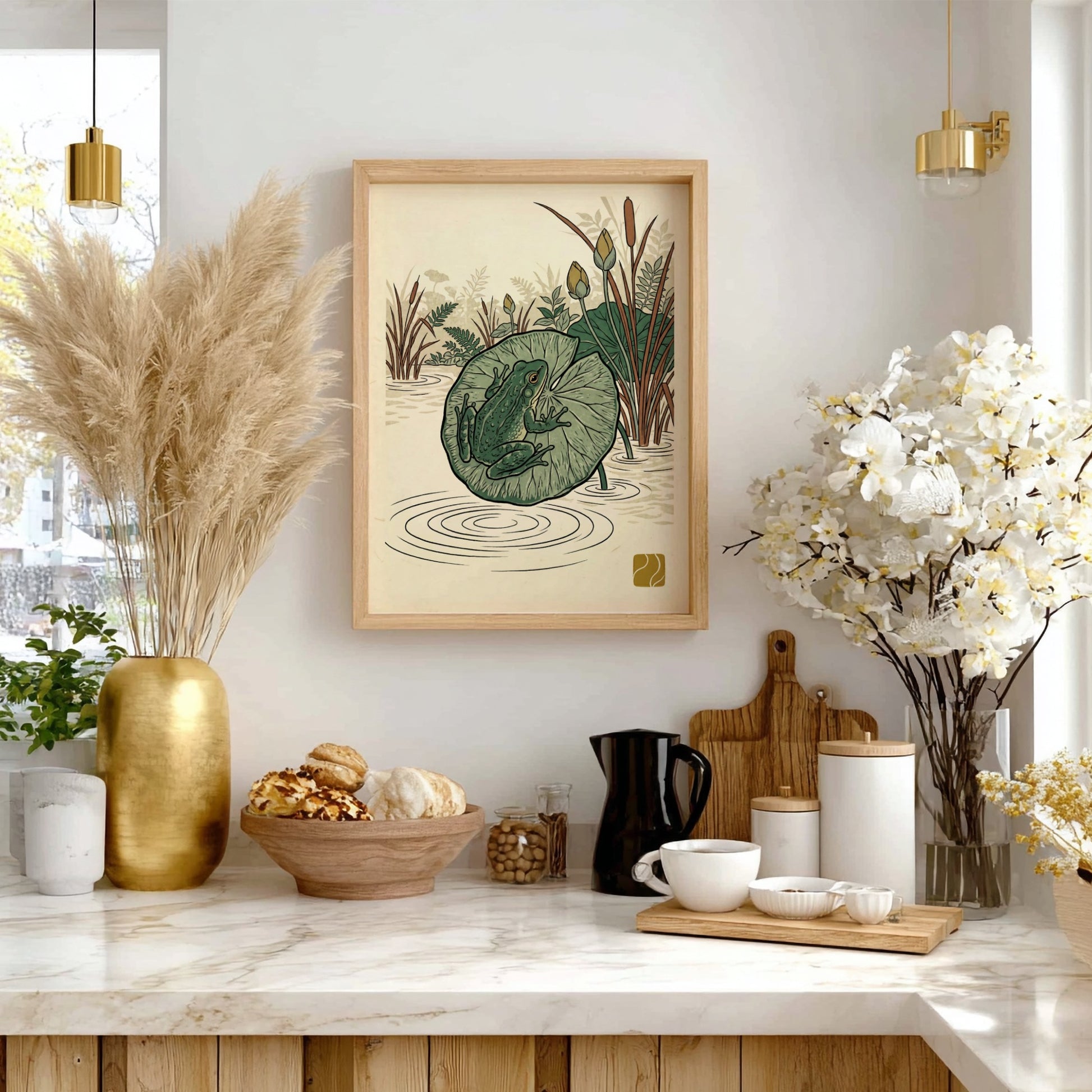 Green Tree Frog poster featuring Japanese art style with vibrant greens and serene pond elements