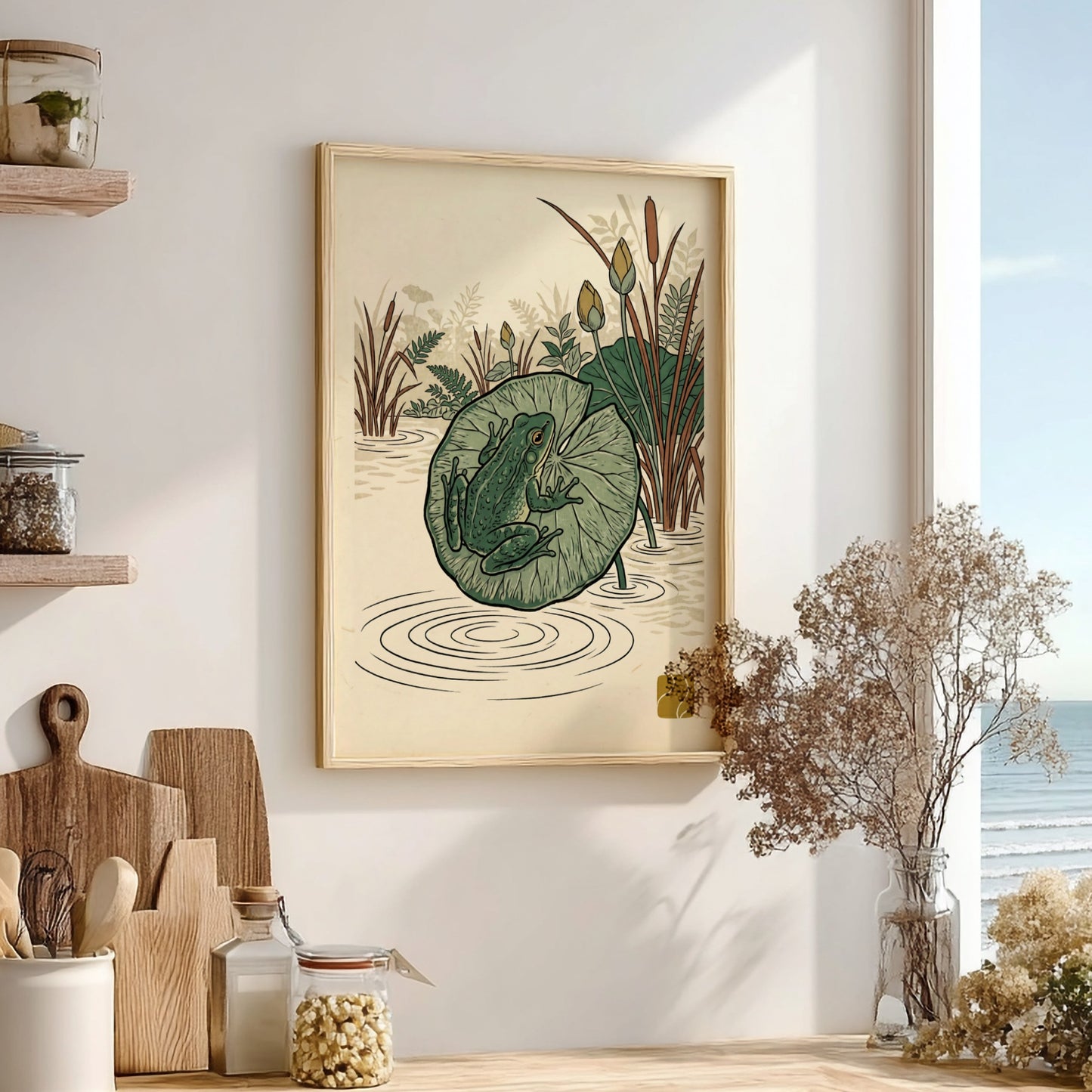 Green Tree Frog poster featuring Japanese art style with vibrant greens and serene pond elements