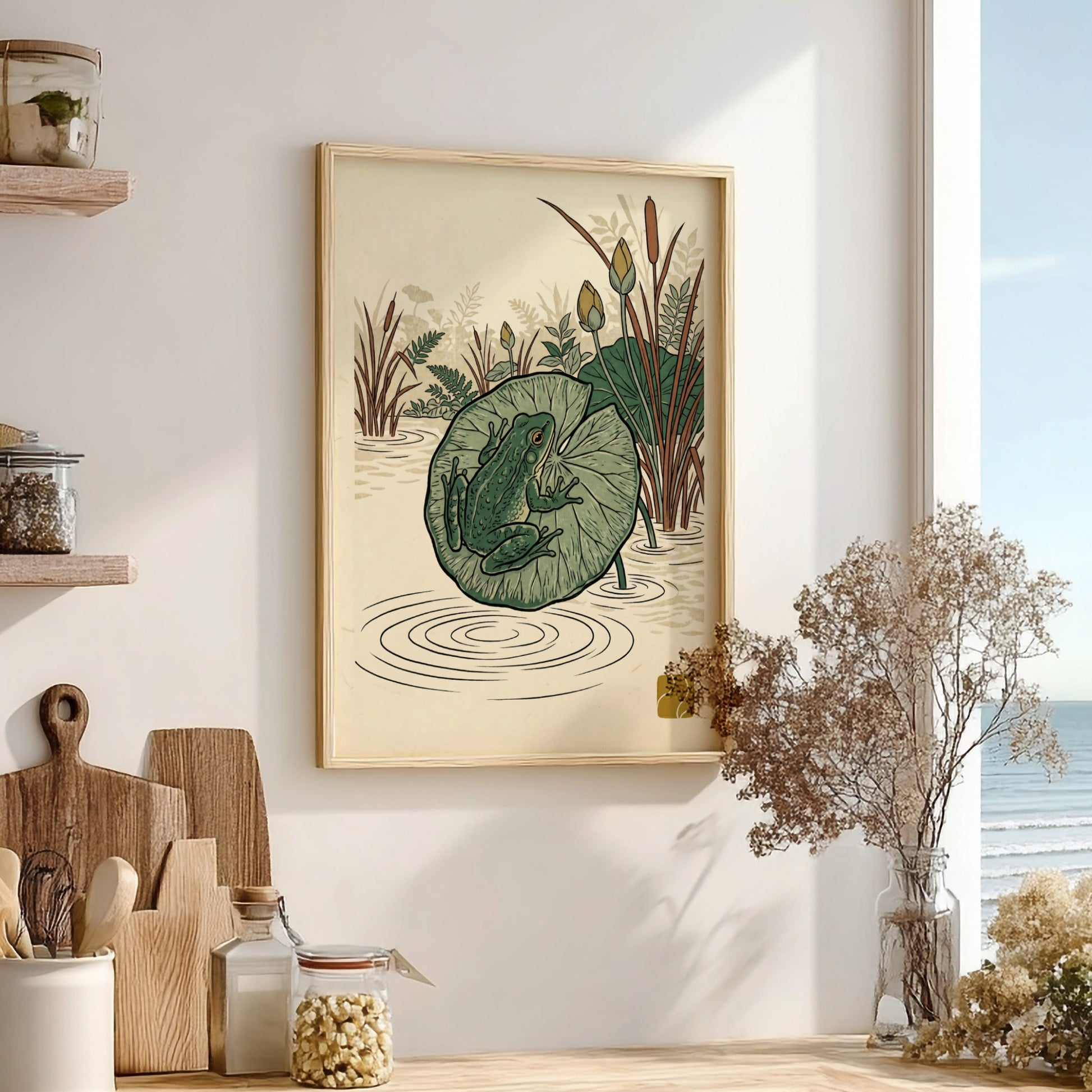 Green Tree Frog poster featuring Japanese art style with vibrant greens and serene pond elements