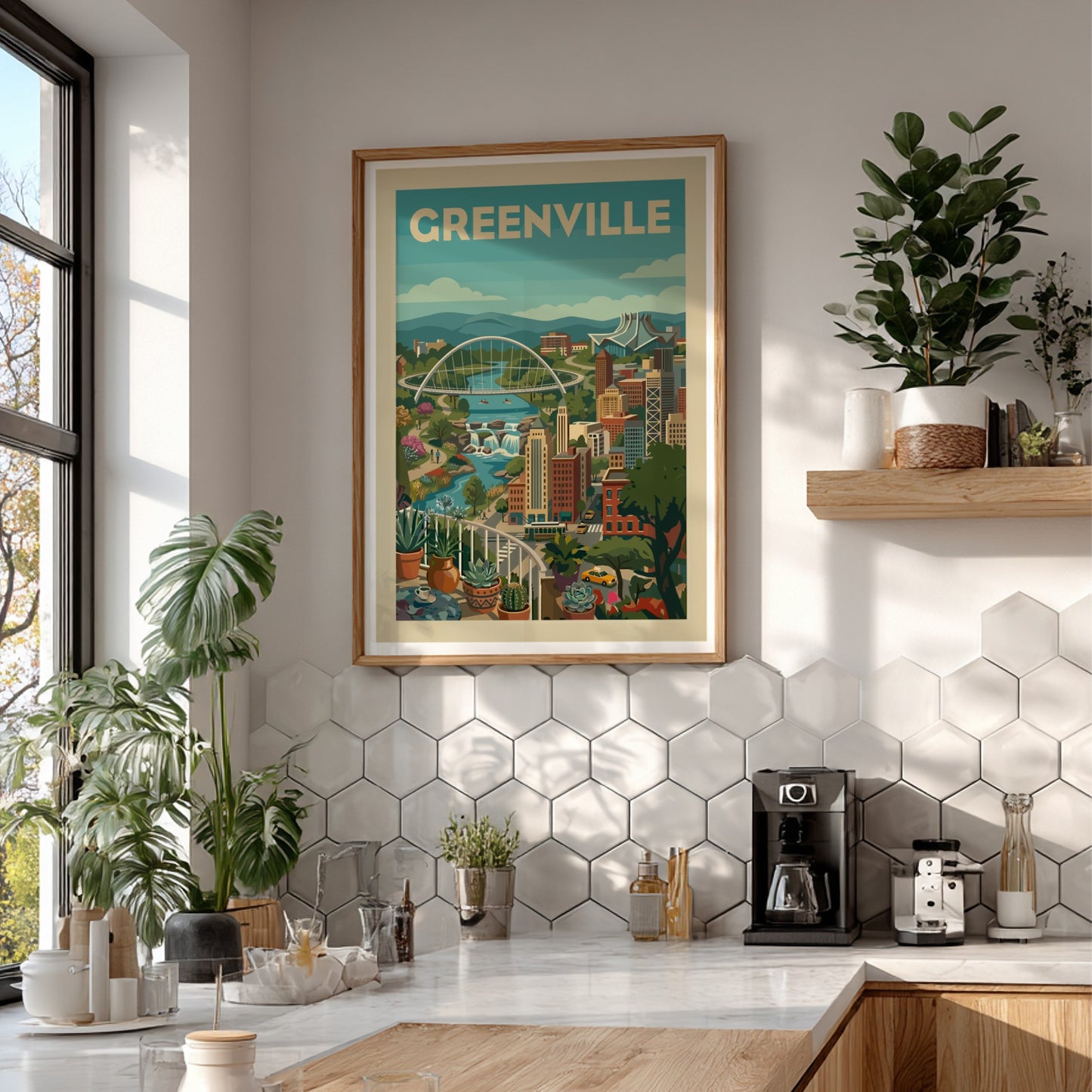 Greenville cityscape illustration poster with Liberty Bridge, Reedy River, and buildings in a retro style.