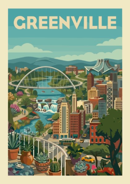 Greenville cityscape illustration poster with Liberty Bridge, Reedy River, and buildings in a retro style.