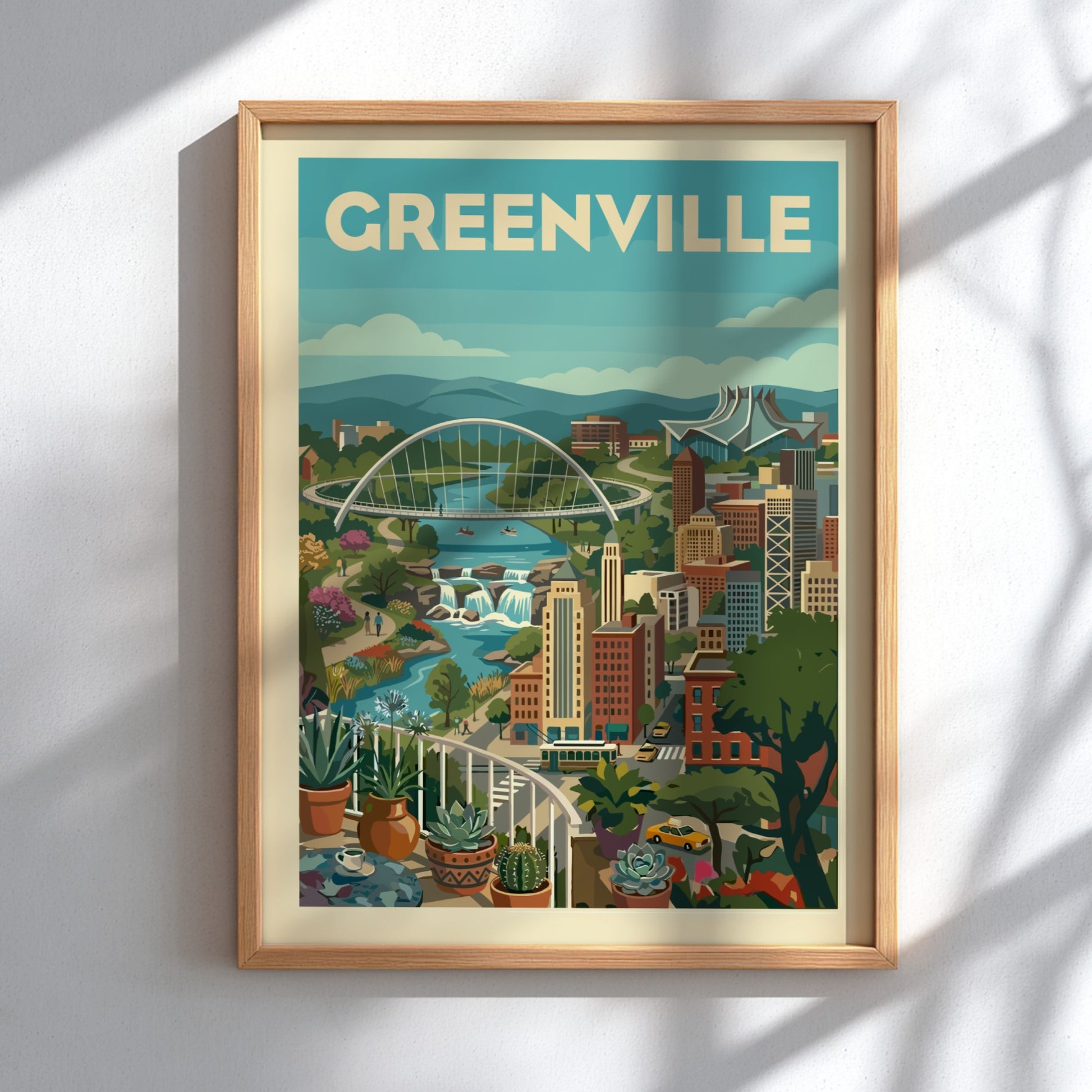 Greenville cityscape illustration poster with Liberty Bridge, Reedy River, and buildings in a retro style.