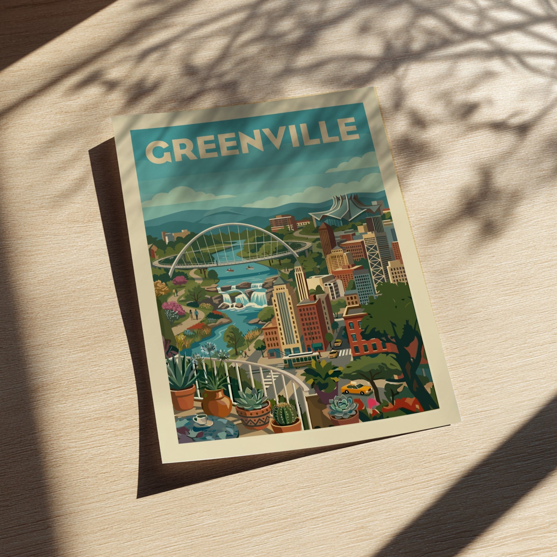 Greenville cityscape illustration poster with Liberty Bridge, Reedy River, and buildings in a retro style.