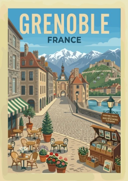 Vintage travel poster of Grenoble, France, featuring a street scene with mountains and architecture.