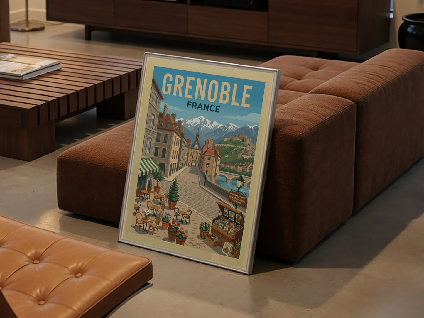 Vintage travel poster of Grenoble, France, featuring a street scene with mountains and architecture.