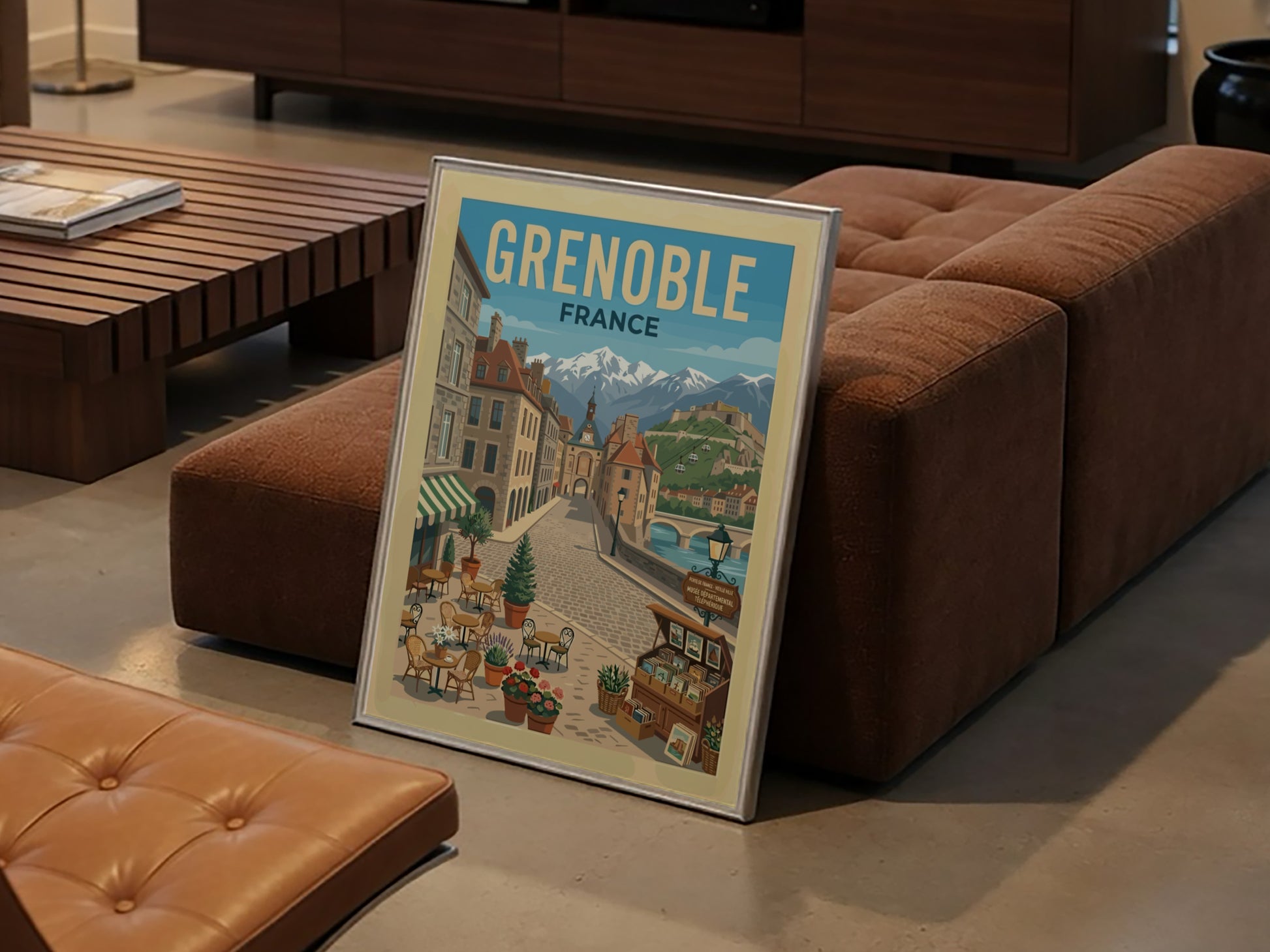 Vintage travel poster of Grenoble, France, featuring a street scene with mountains and architecture.