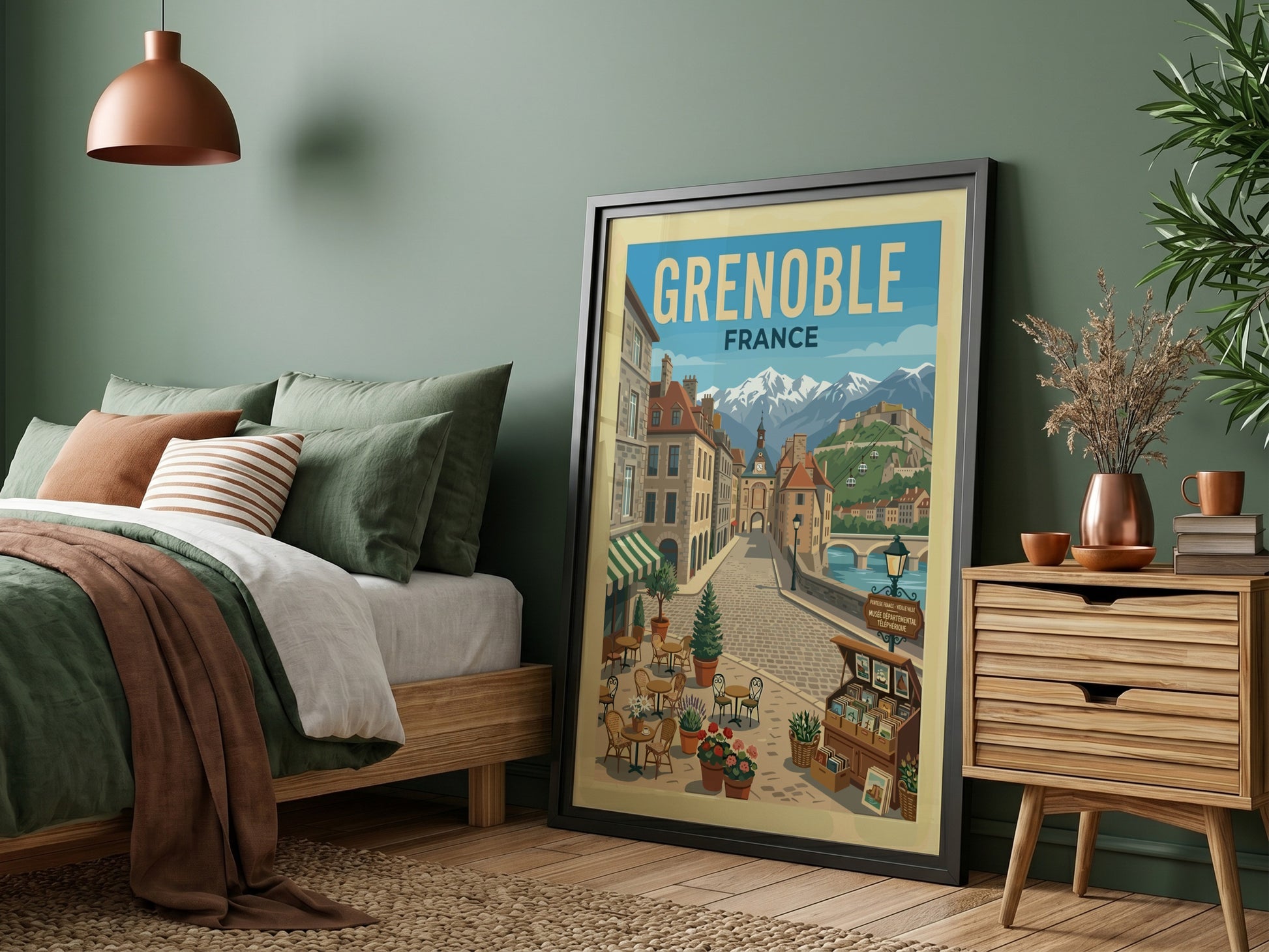 Vintage travel poster of Grenoble, France, featuring a street scene with mountains and architecture.