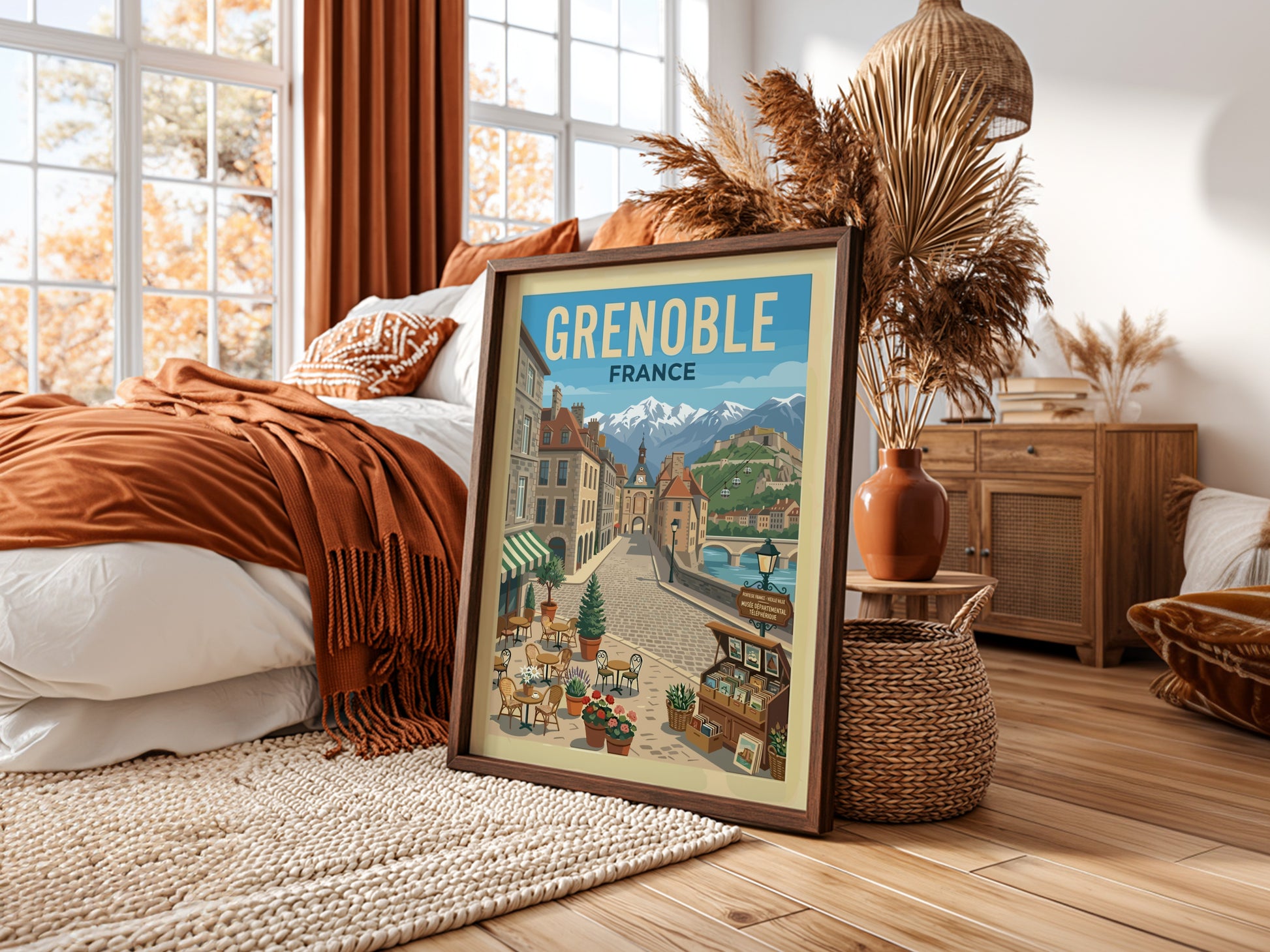 Vintage travel poster of Grenoble, France, featuring a street scene with mountains and architecture.