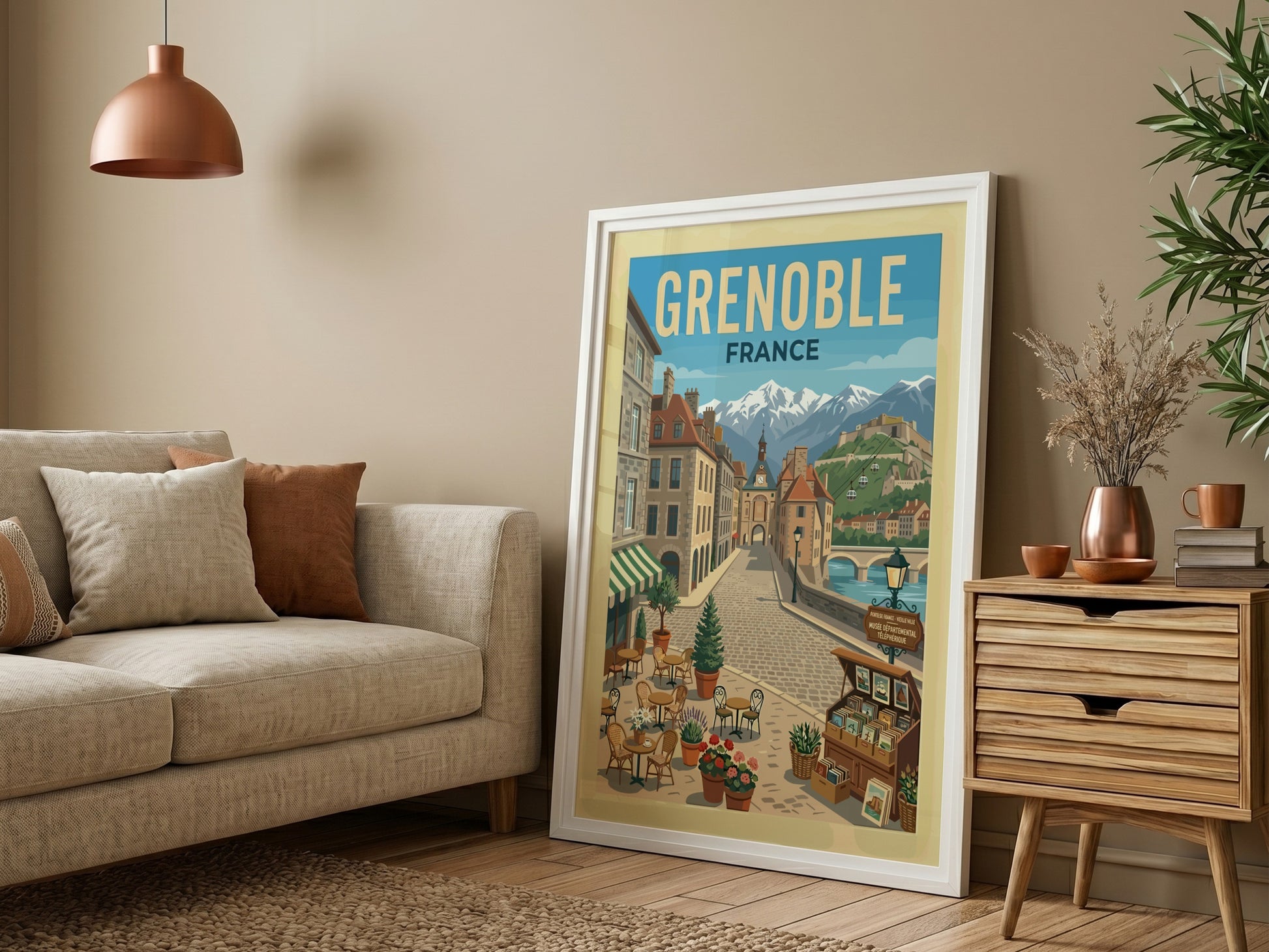 Vintage travel poster of Grenoble, France, featuring a street scene with mountains and architecture.