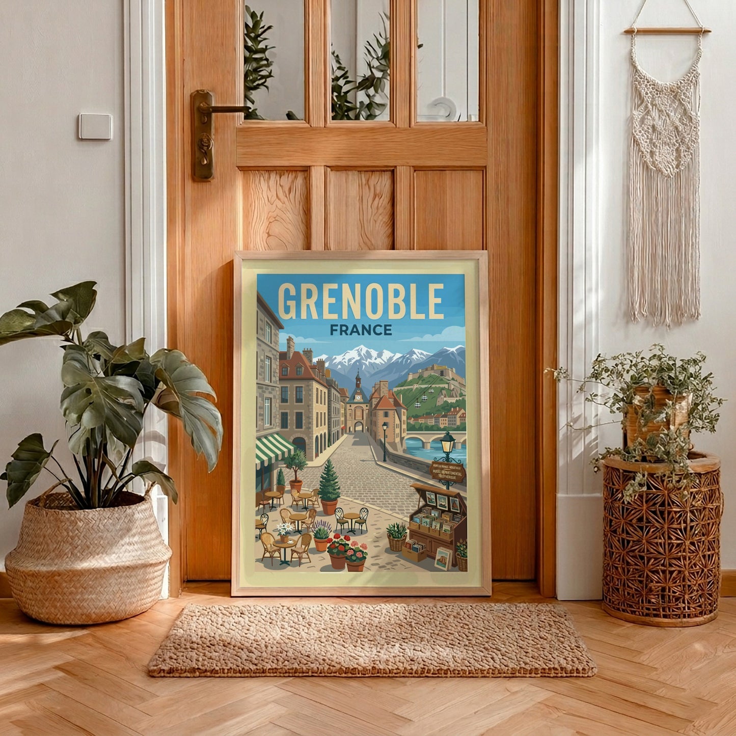 Vintage travel poster of Grenoble, France, featuring a street scene with mountains and architecture.