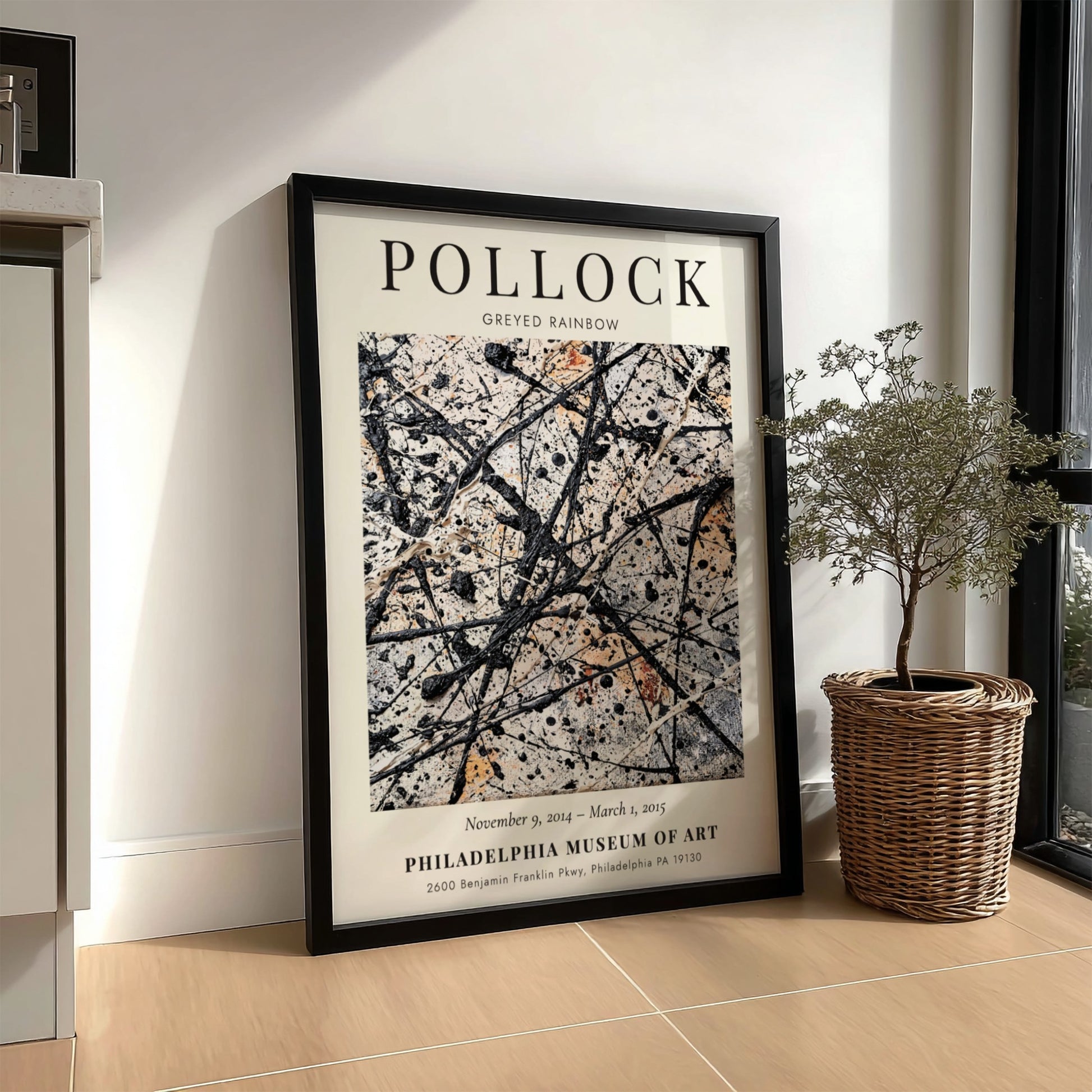 Wall art poster featuring Jackson Pollock’s Greyed Rainbow abstract drip painting in neutral tones.
