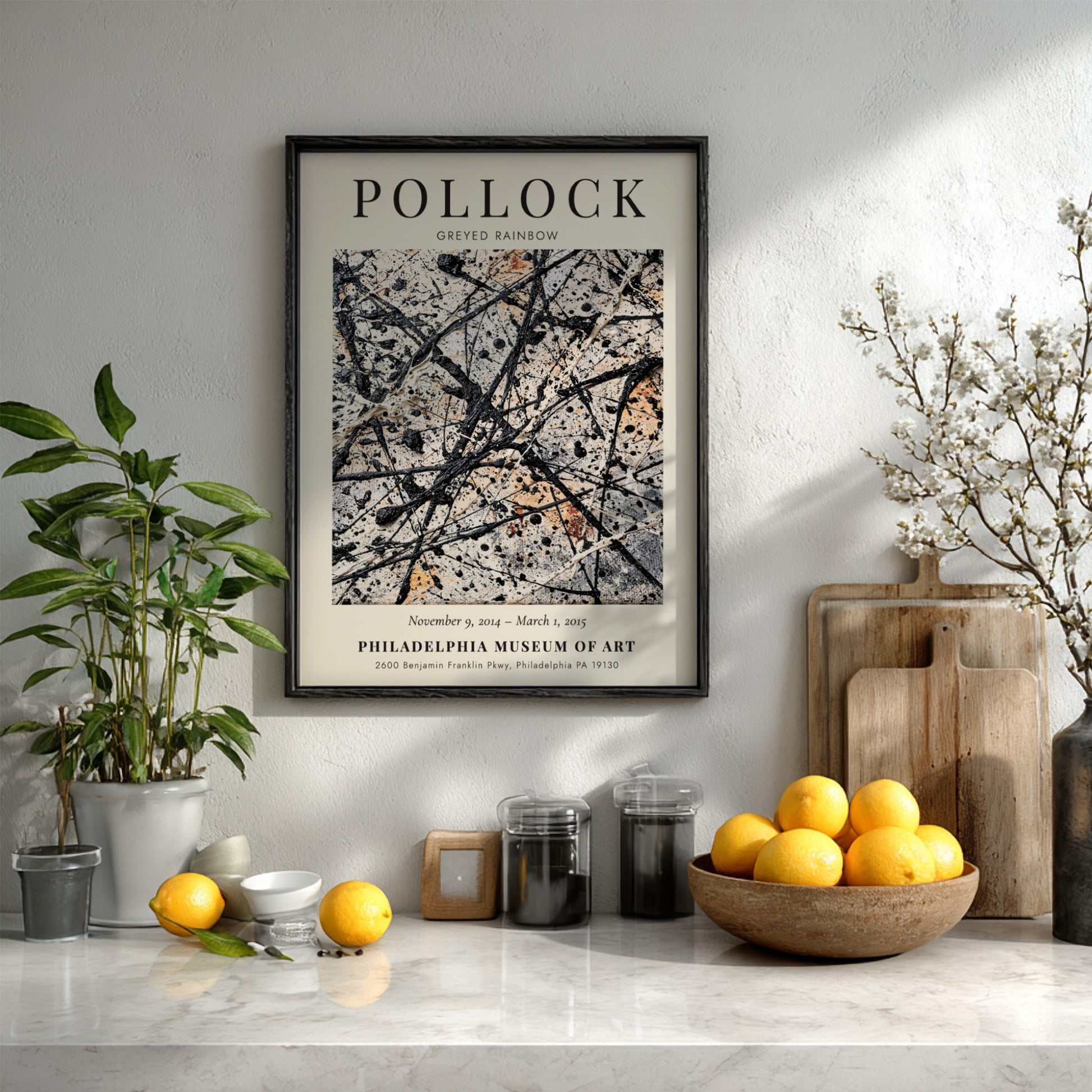 Wall art poster featuring Jackson Pollock’s Greyed Rainbow abstract drip painting in neutral tones.