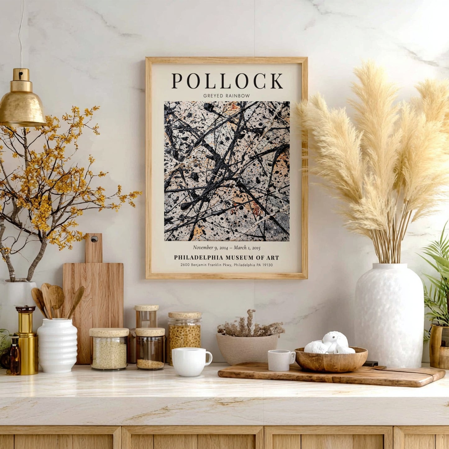 Wall art poster featuring Jackson Pollock’s Greyed Rainbow abstract drip painting in neutral tones.