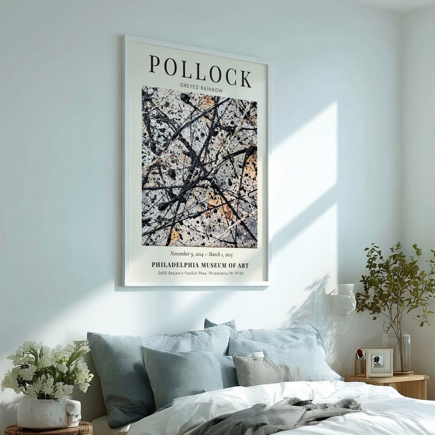 Wall art poster featuring Jackson Pollock’s Greyed Rainbow abstract drip painting in neutral tones.