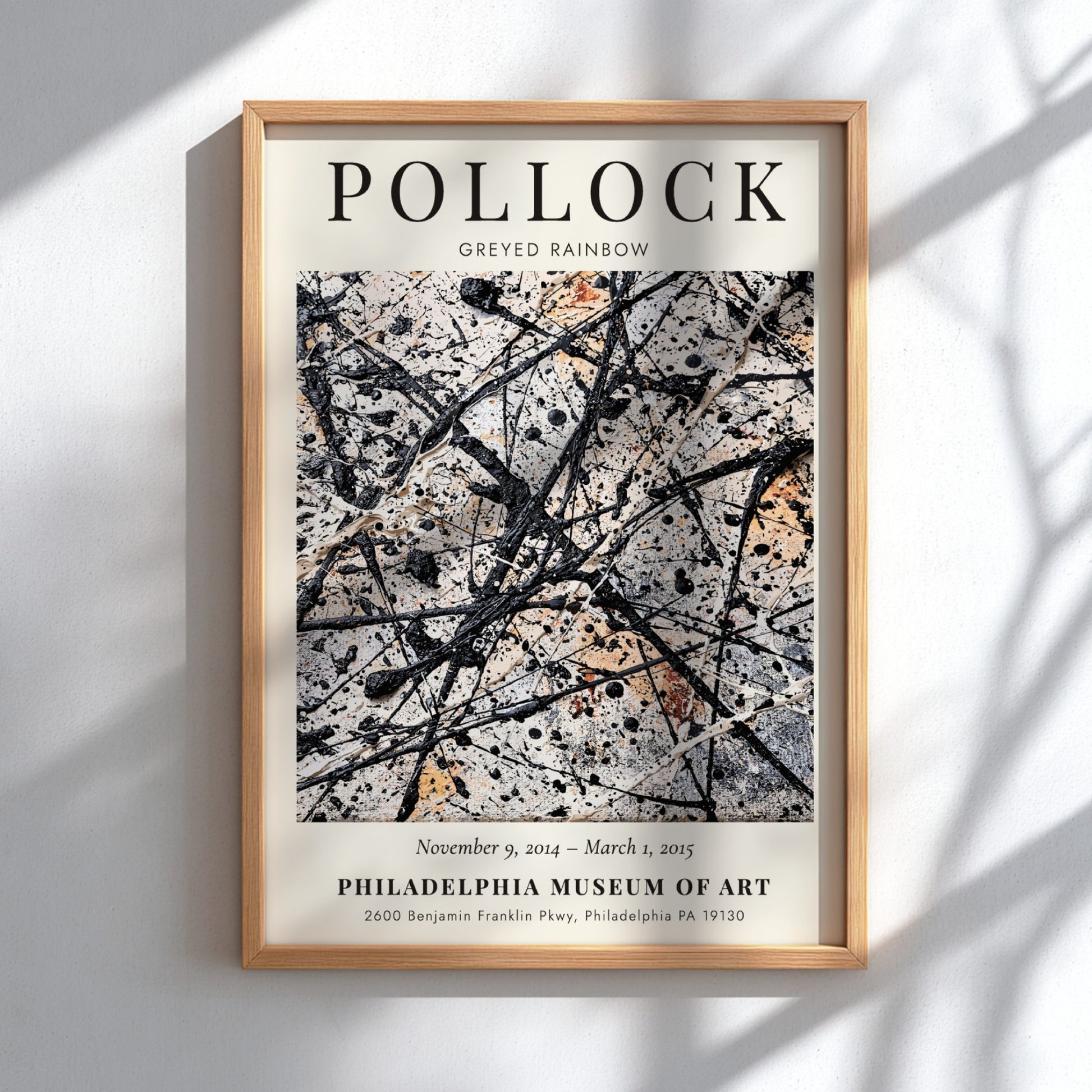 Wall art poster featuring Jackson Pollock’s Greyed Rainbow abstract drip painting in neutral tones.