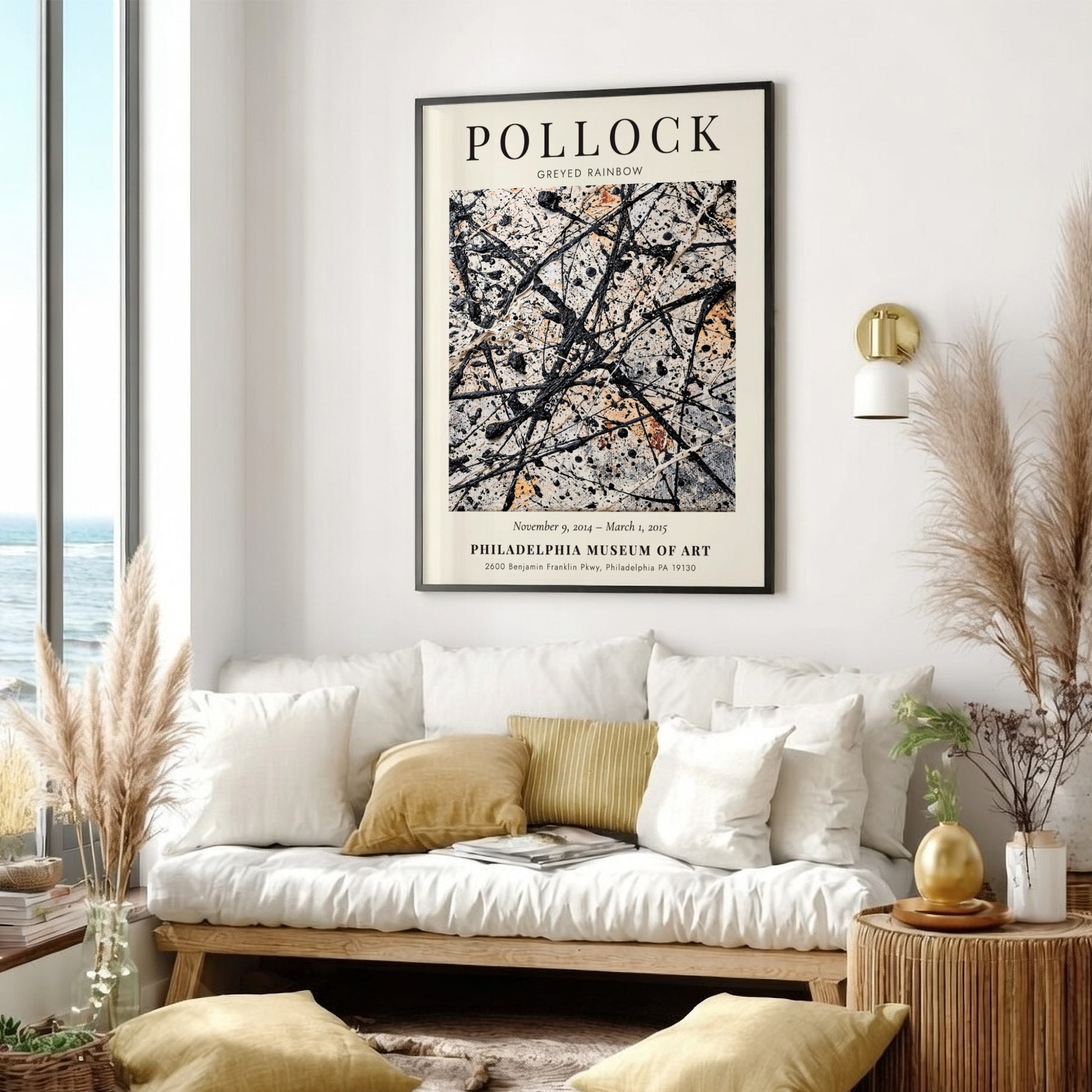 Wall art poster featuring Jackson Pollock’s Greyed Rainbow abstract drip painting in neutral tones.