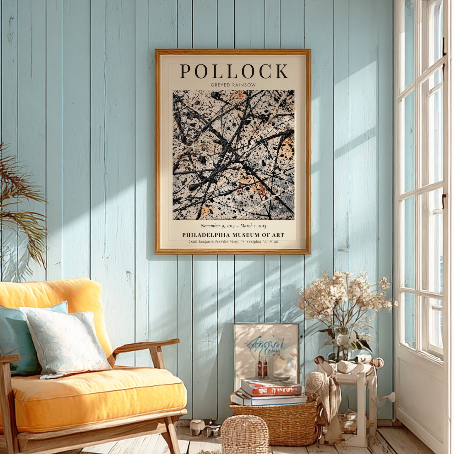 Wall art poster featuring Jackson Pollock’s Greyed Rainbow abstract drip painting in neutral tones.