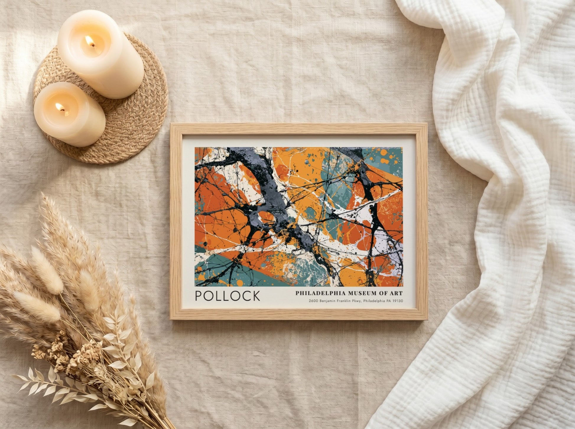 Wall art poster featuring Jackson Pollock Greyed Rainbow abstract painting with orange and grey.