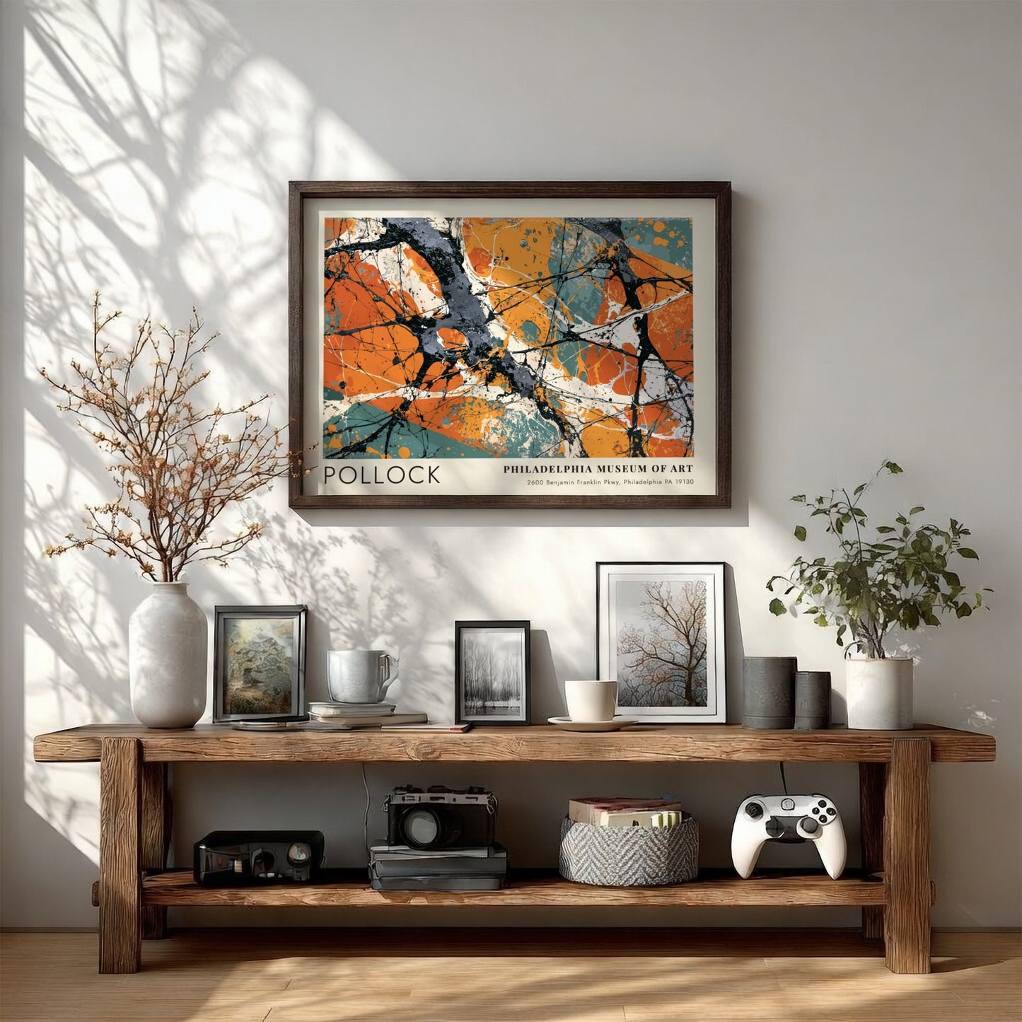 Wall art poster featuring Jackson Pollock Greyed Rainbow abstract painting with orange and grey.