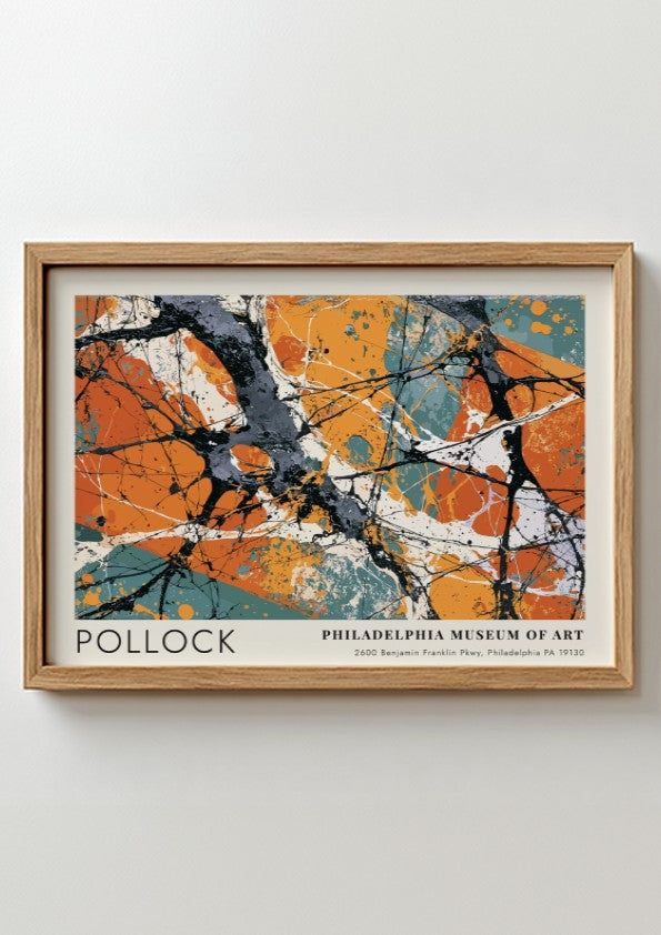 Wall art poster featuring Jackson Pollock Greyed Rainbow abstract painting with orange and grey.