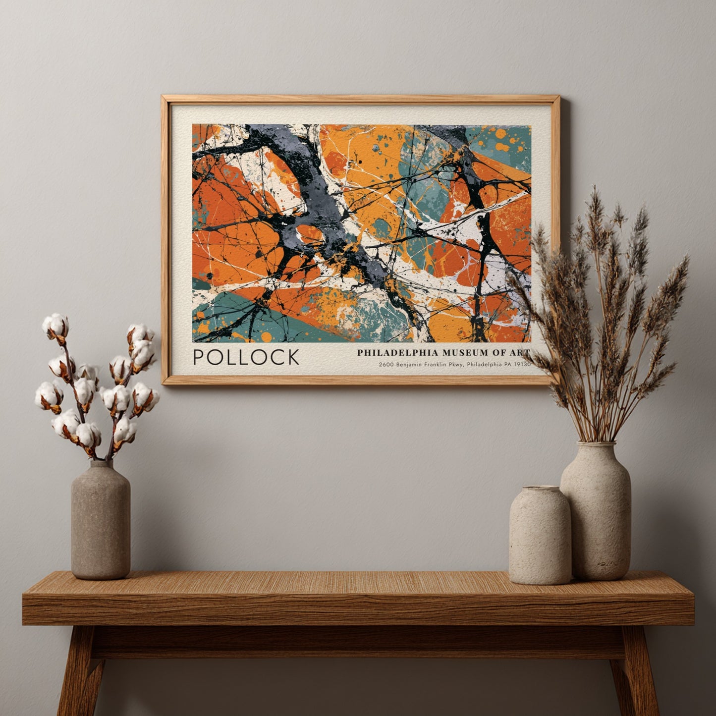 Wall art poster featuring Jackson Pollock Greyed Rainbow abstract painting with orange and grey.