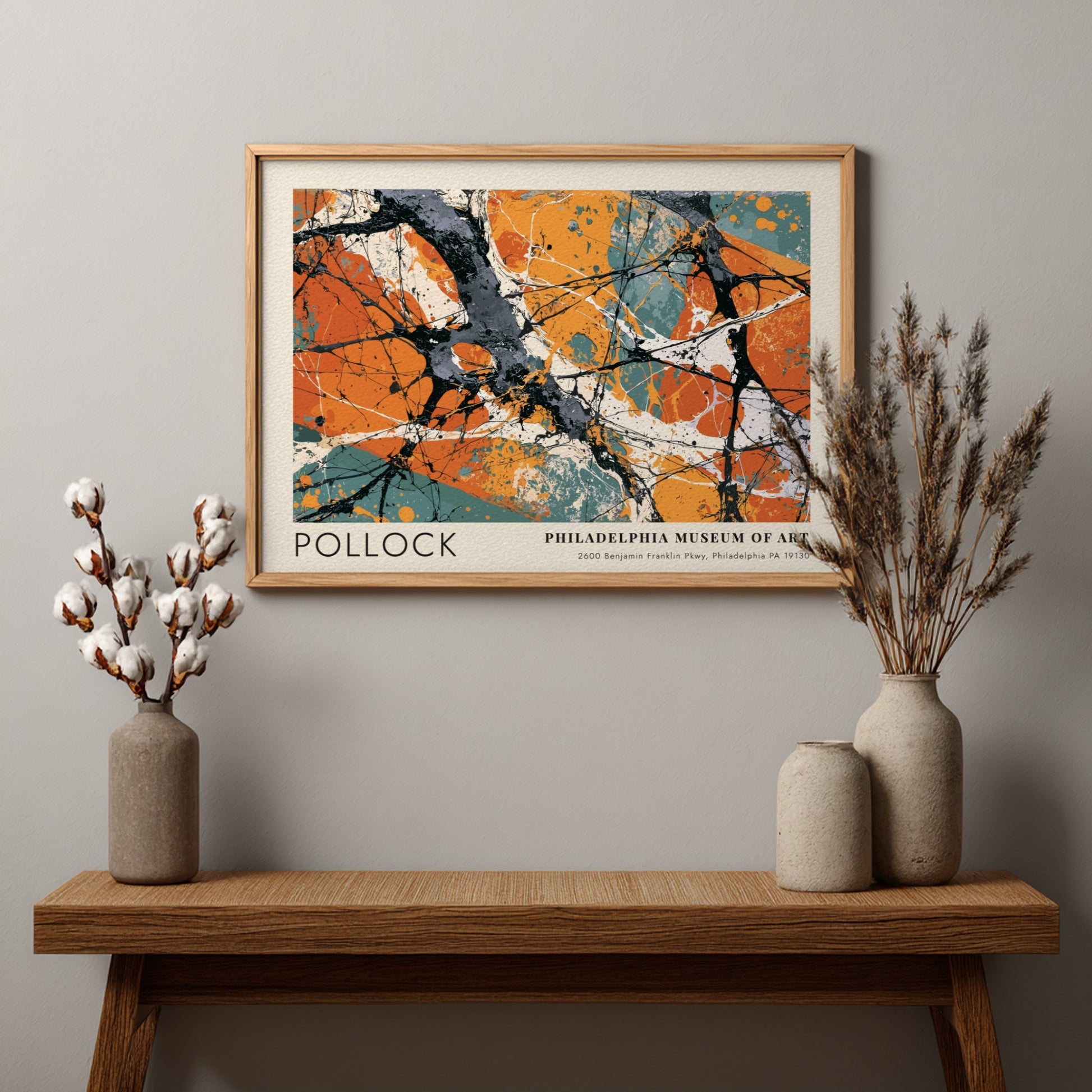 Wall art poster featuring Jackson Pollock Greyed Rainbow abstract painting with orange and grey.