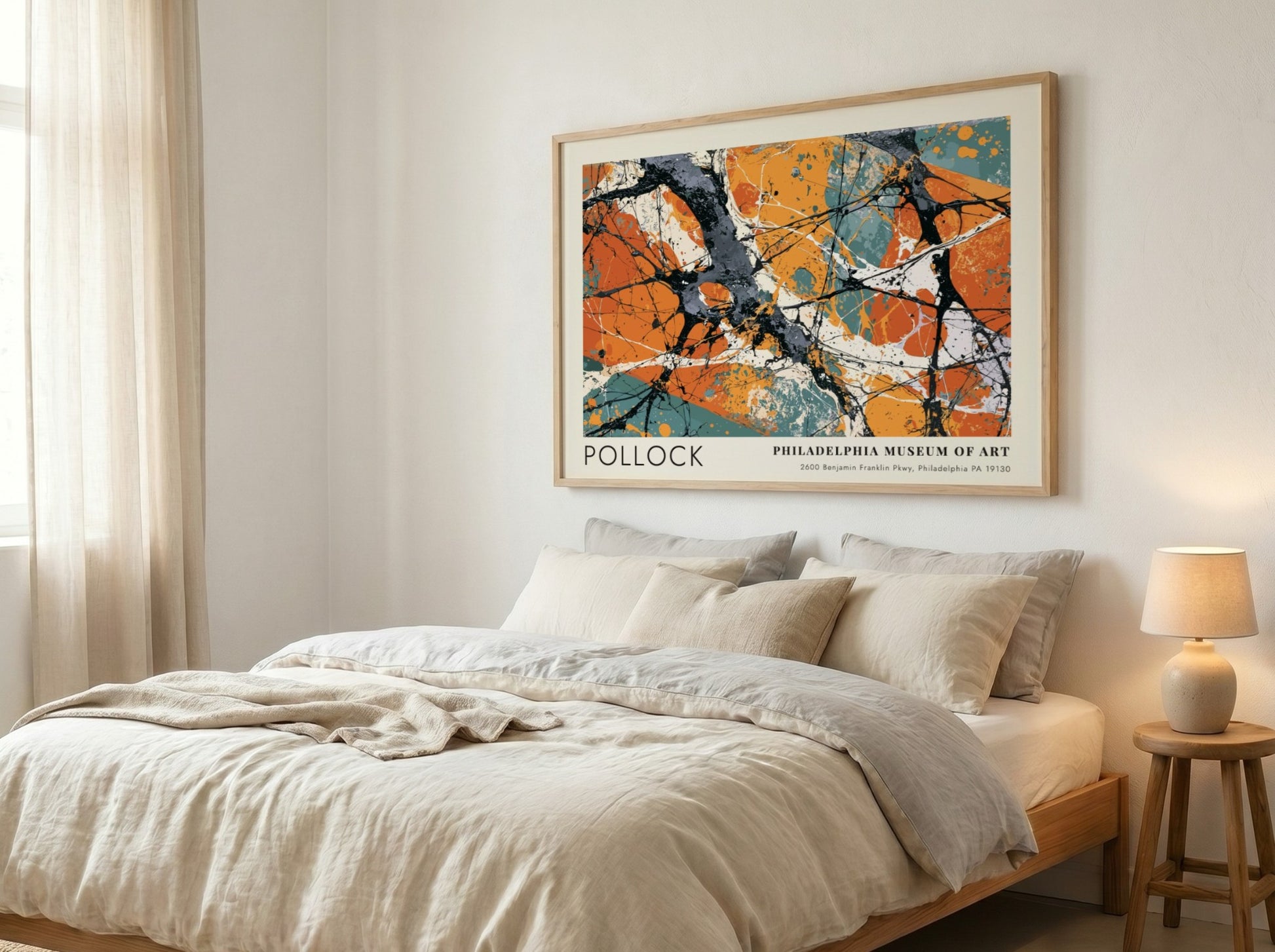 Wall art poster featuring Jackson Pollock Greyed Rainbow abstract painting with orange and grey.