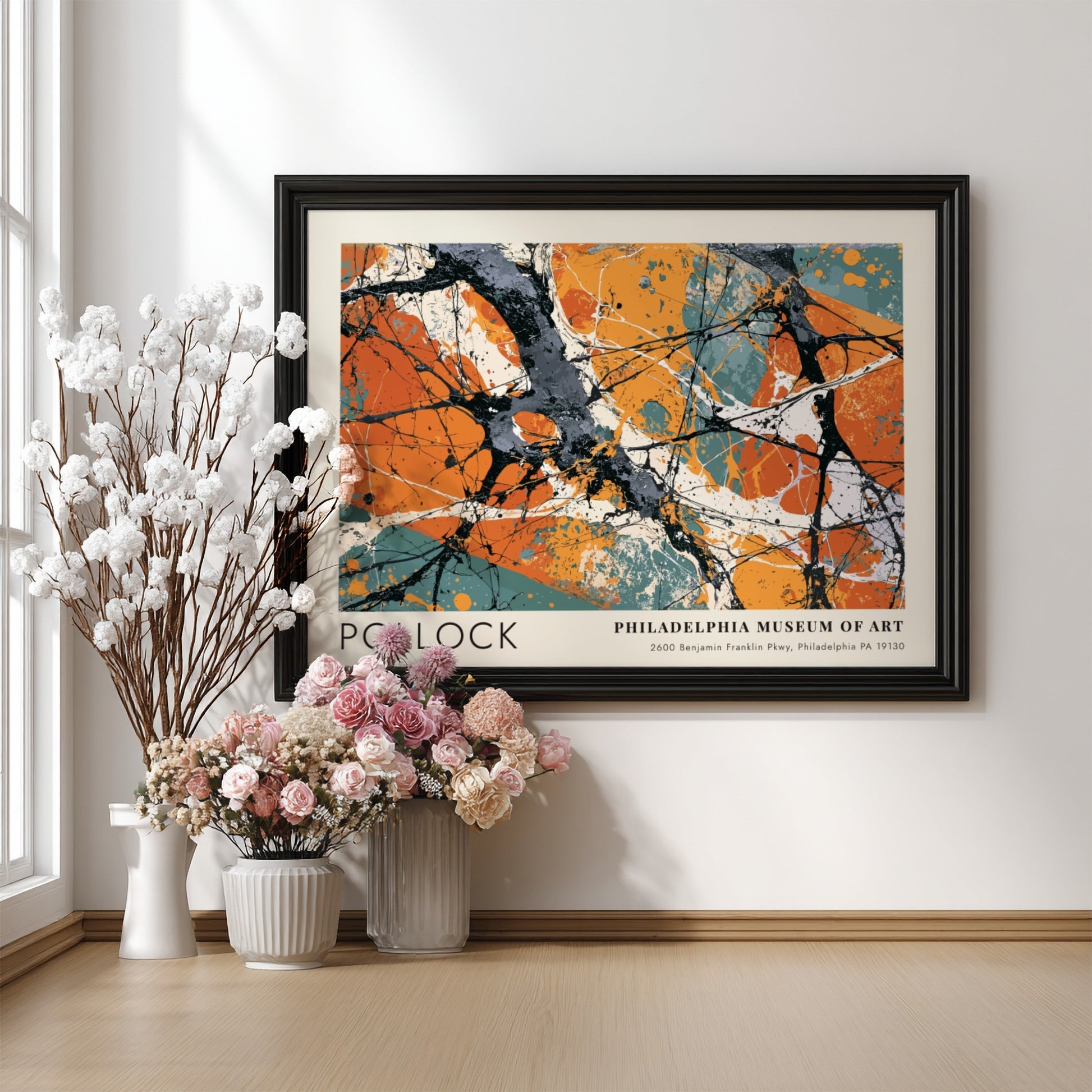Wall art poster featuring Jackson Pollock Greyed Rainbow abstract painting with orange and grey.