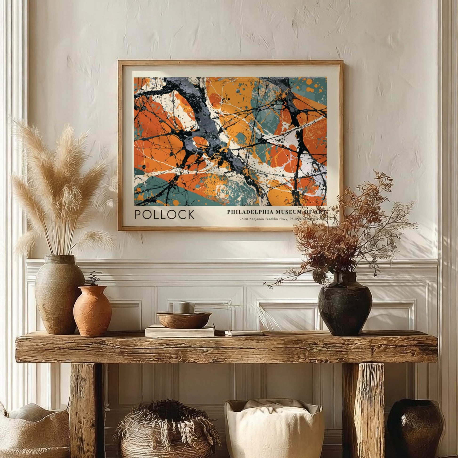 Wall art poster featuring Jackson Pollock Greyed Rainbow abstract painting with orange and grey.