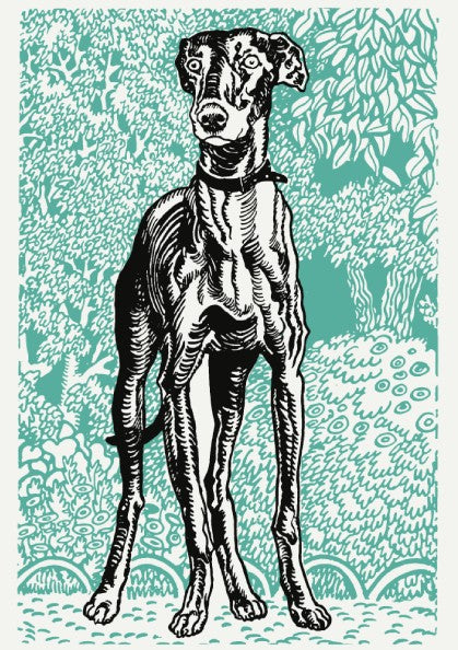 Vintage poster of Moriz Jung's Greyhound 2 drawing in black and white with teal background.