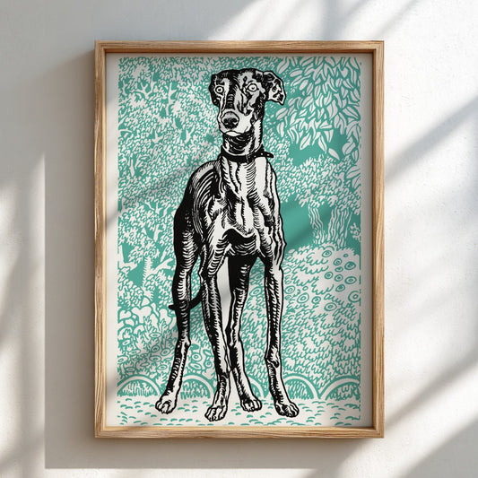 Vintage poster of Moriz Jung's Greyhound 2 drawing in black and white with teal background.