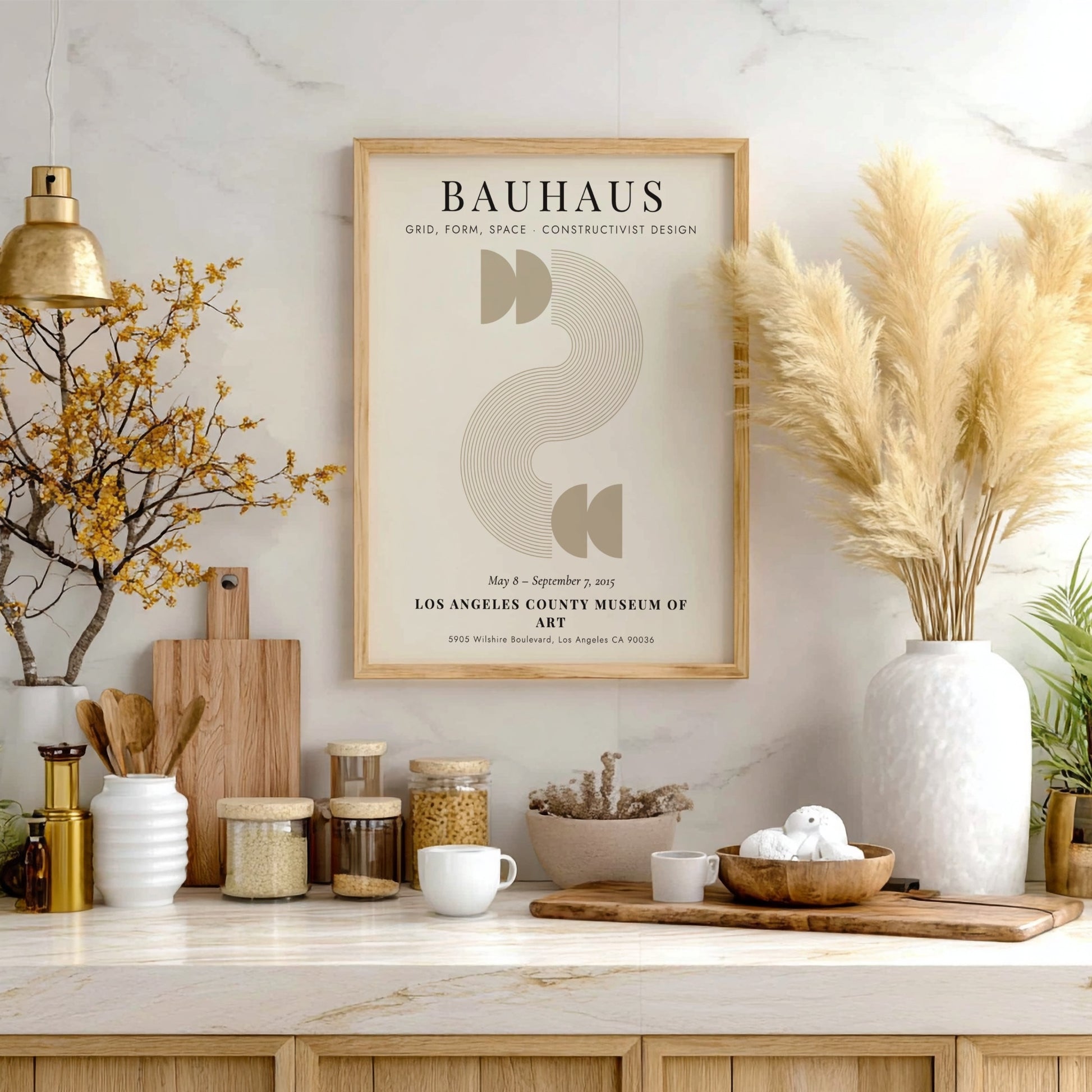 Bauhaus poster featuring constructivist design with geometric shapes and earthy tones.