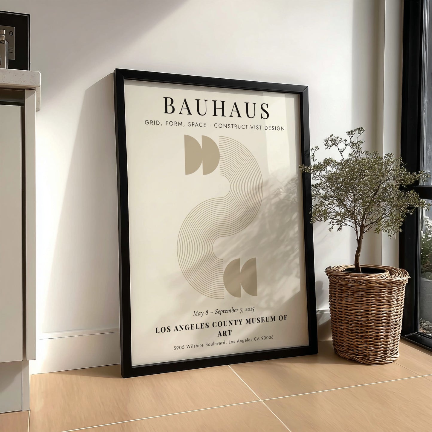 Bauhaus poster featuring constructivist design with geometric shapes and earthy tones.