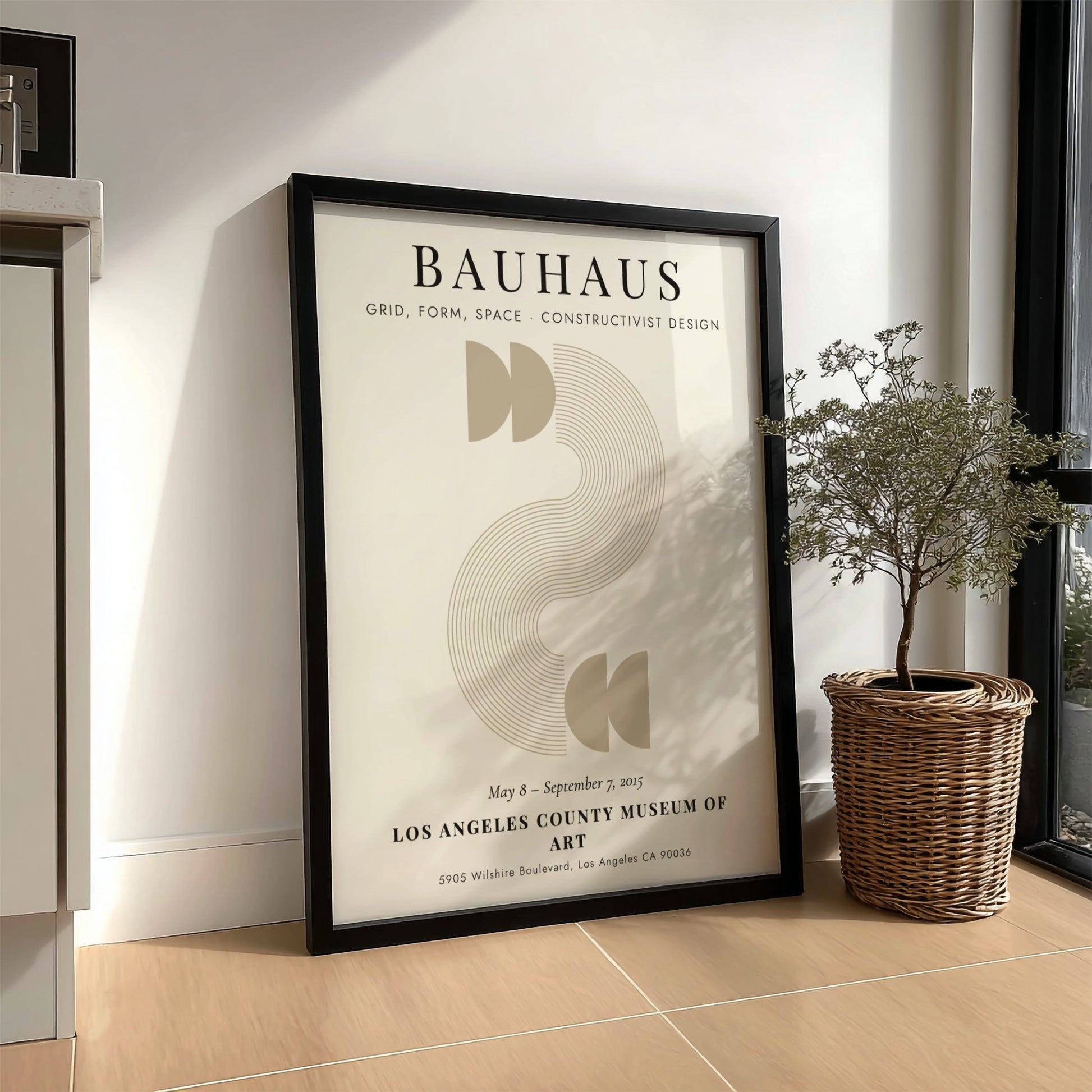 Bauhaus poster featuring constructivist design with geometric shapes and earthy tones.